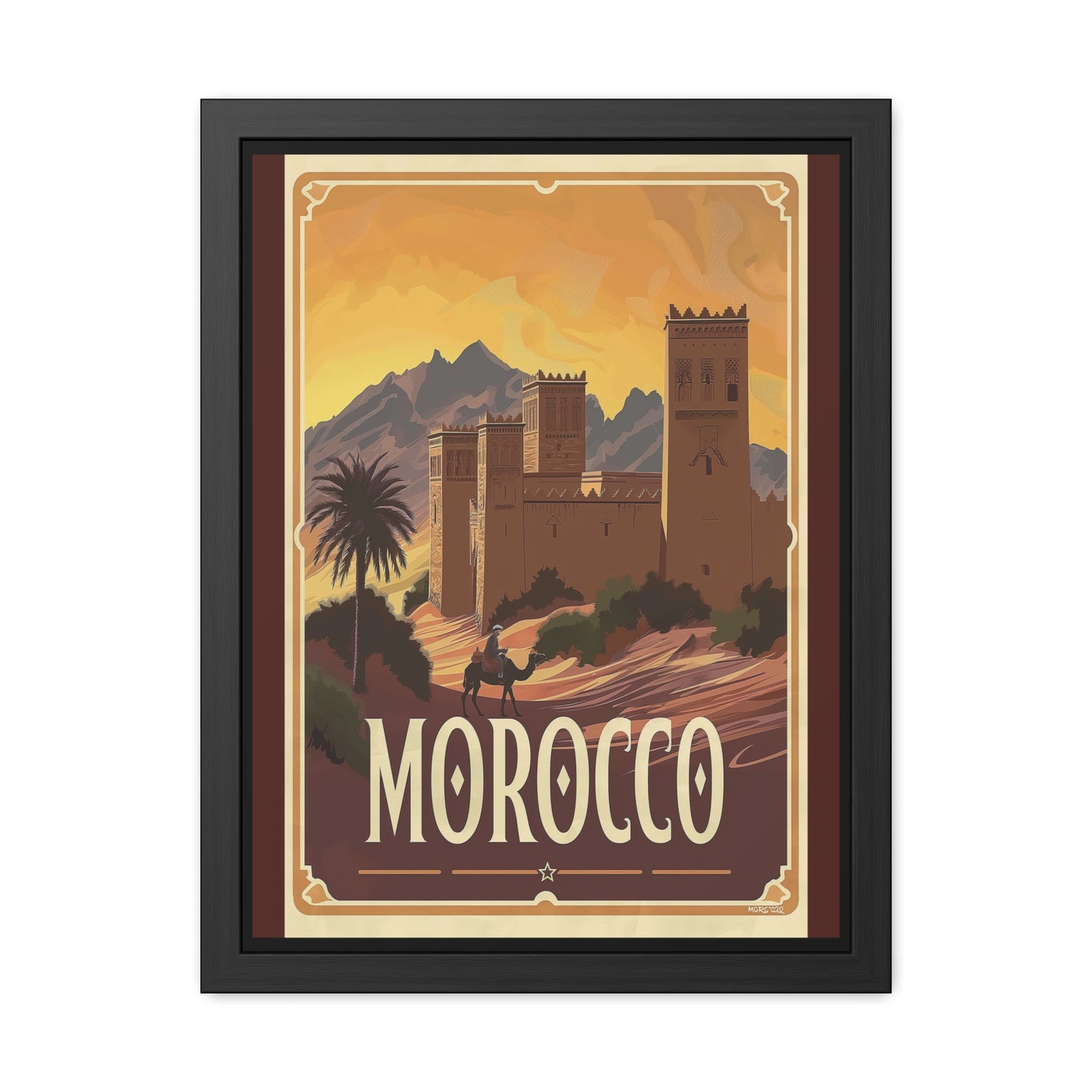 Vintage Morocco Travel Poster — “Golden Desert Evenings” | Framed Wall Art by Vintageanna