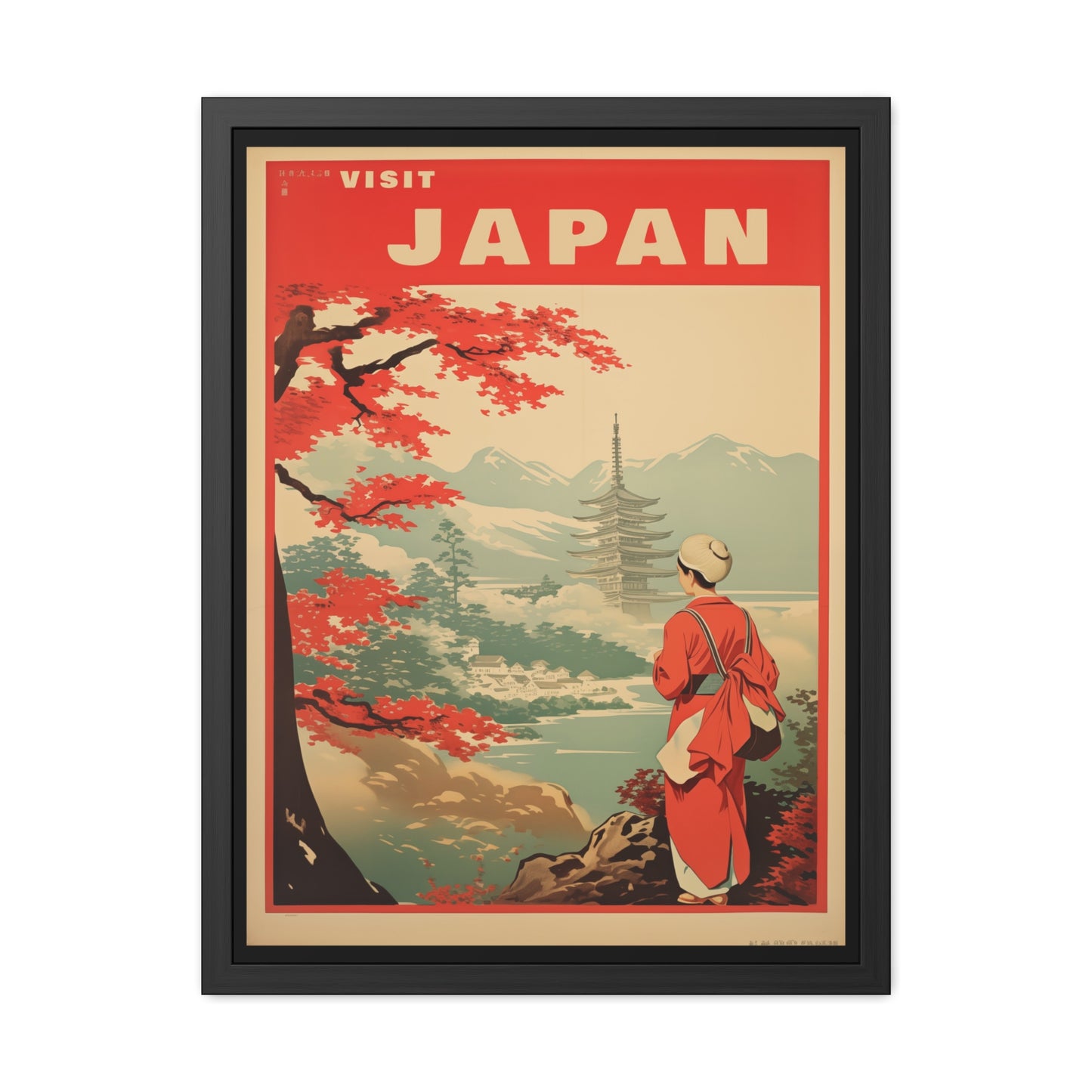 Vintage Japan Travel Poster - 'Visit Japan' Scenic Pagoda View Framed Posters