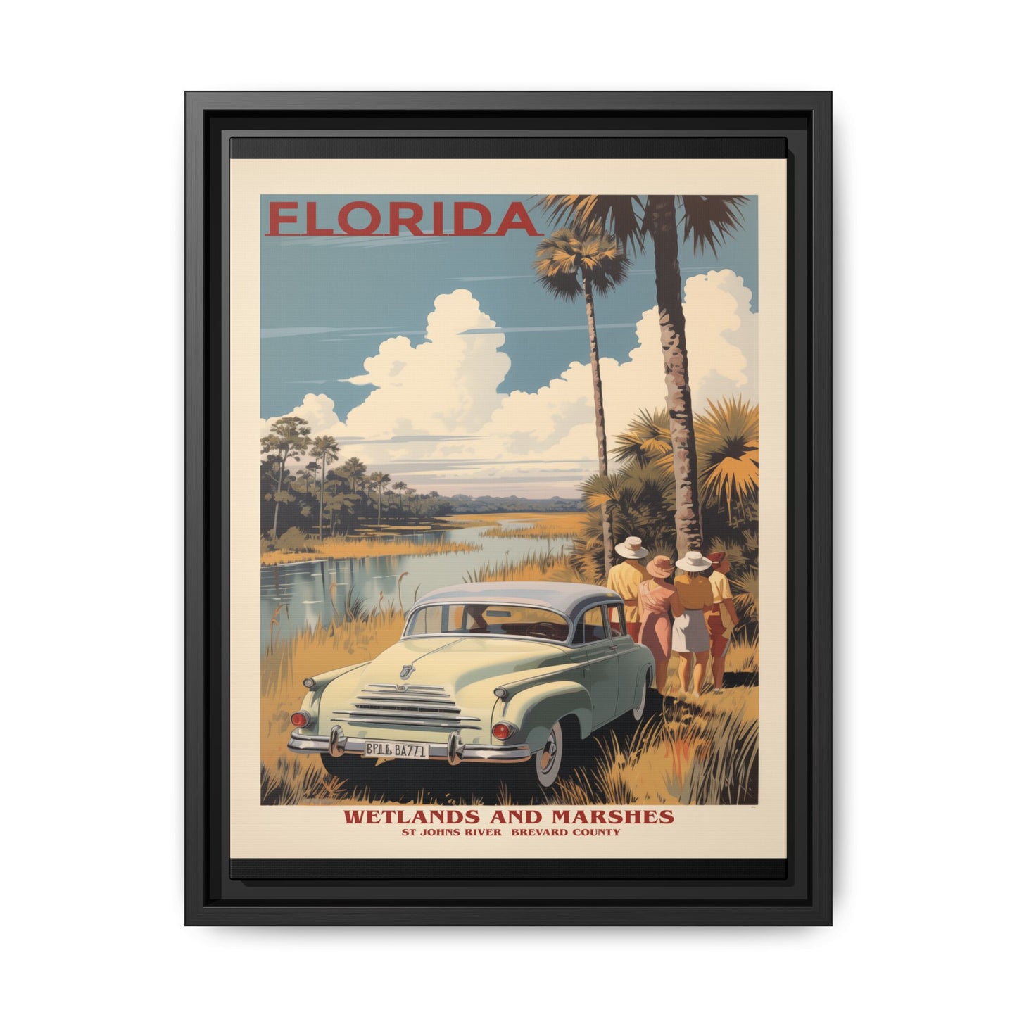 "Vintage Florida Poster - Wetlands and Marshes St. Johns River Matte Canvas Wall Art with Black Frame" Matte Canvas, Black Frame