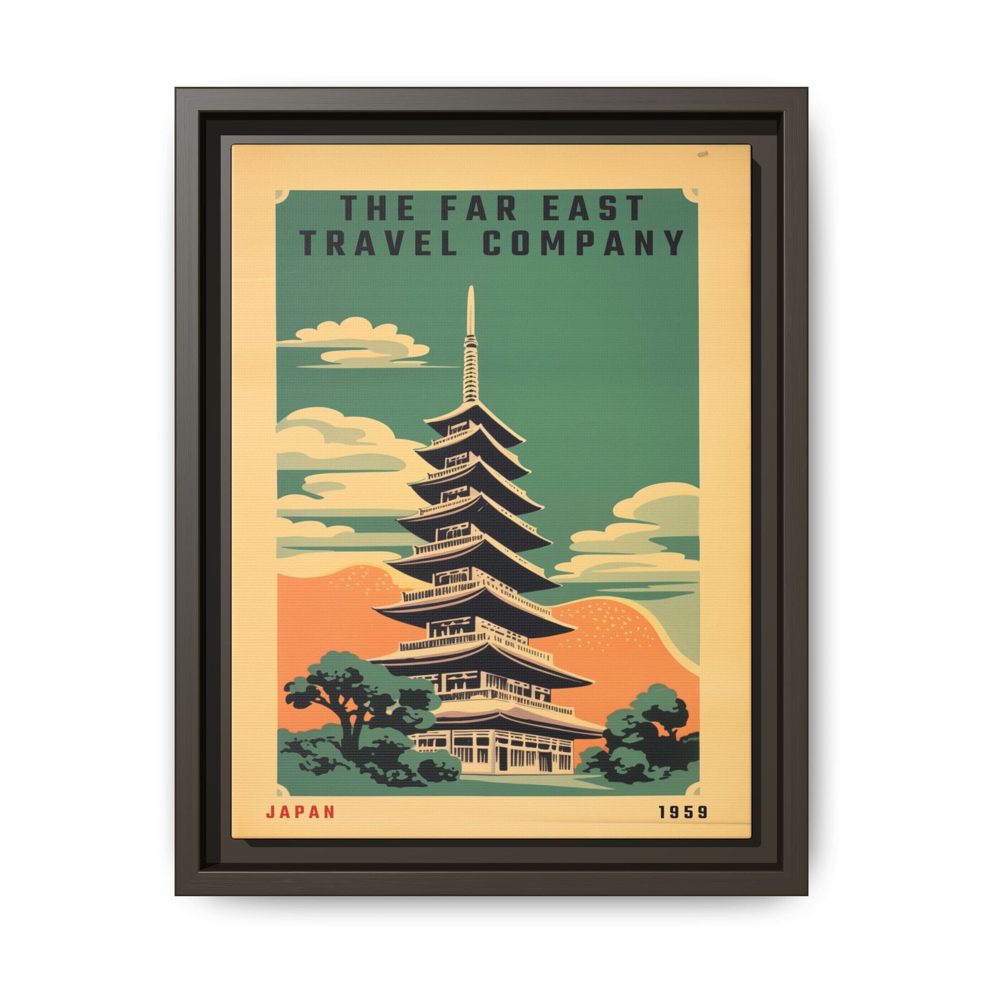 Vintage Far East Travel Company artwork, 9 × 12, espresso framed canvas, front view