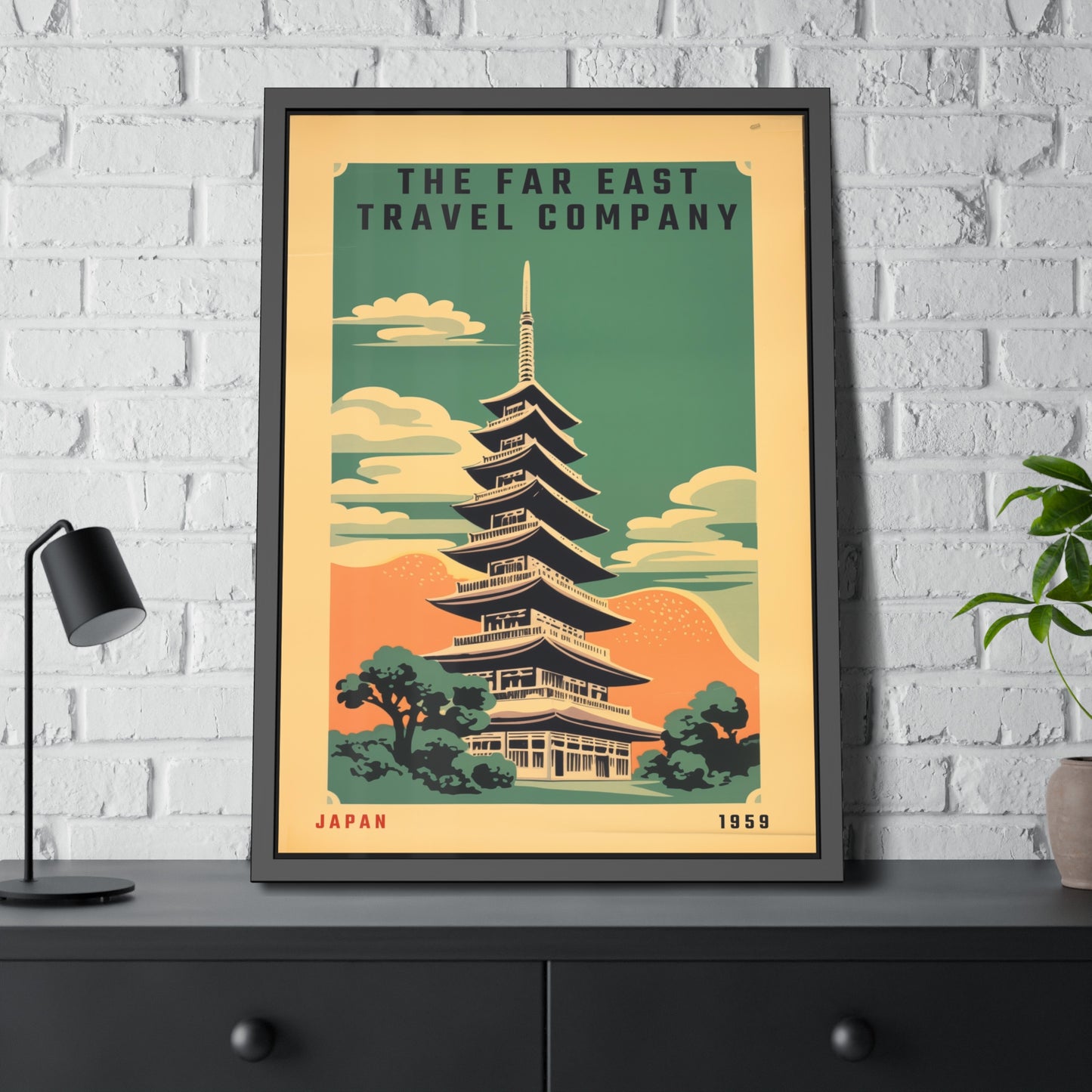 Framed Japan Travel Poster — Vintage Far East Pagoda Wall Art