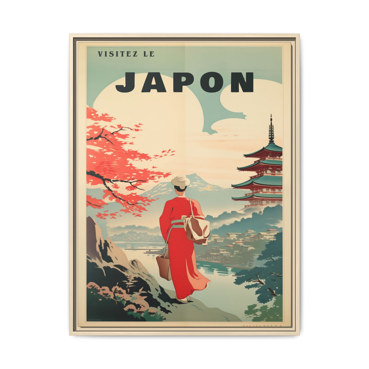 Vintage Visit Japan pagoda and maple artwork, 24 × 32, natural framed canvas, front view