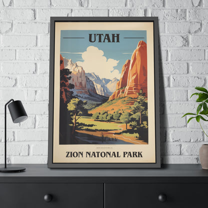 Framed vintage Utah Zion National Park travel art print on a dark shelf, angled view