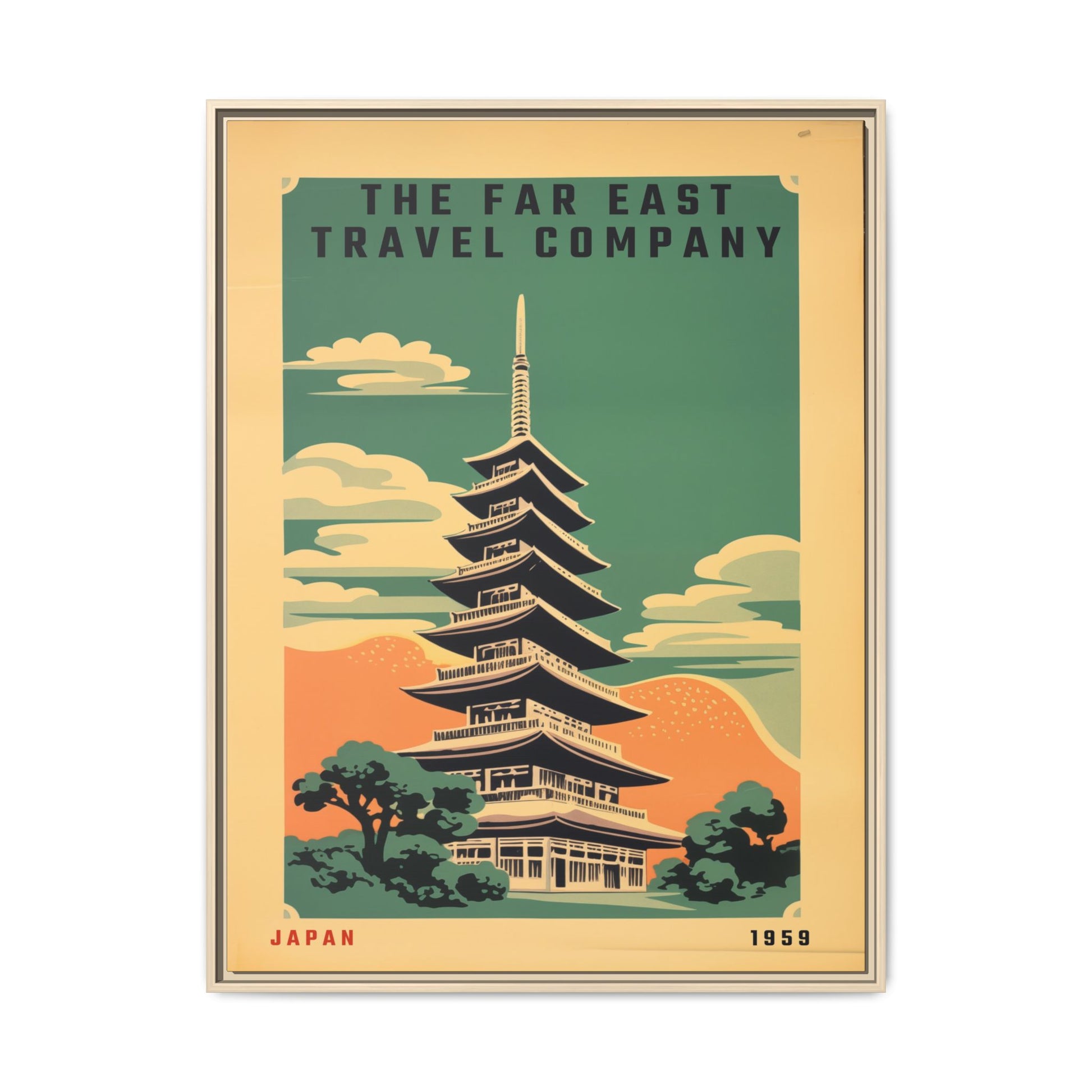 Vintage Far East Travel Company artwork, 30 × 40, natural framed canvas, front view