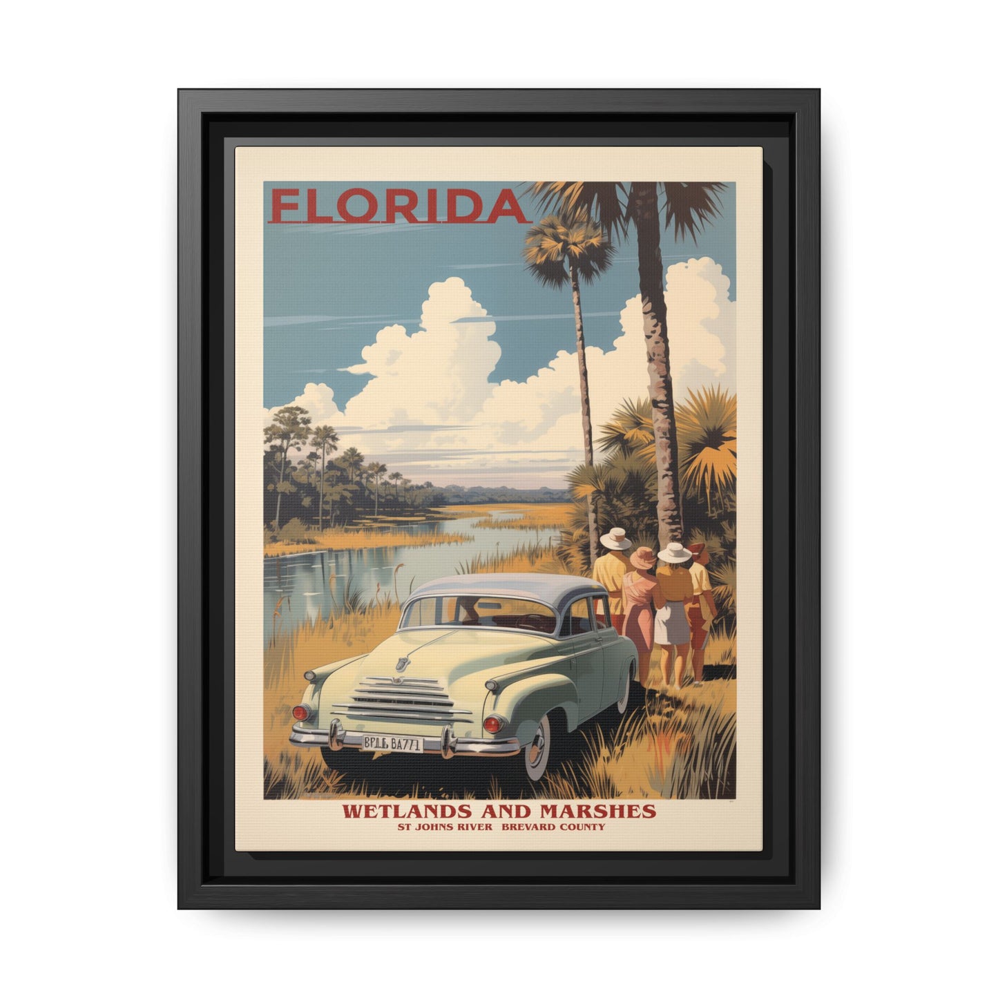 "Vintage Florida Poster - Wetlands and Marshes St. Johns River Matte Canvas Wall Art with Black Frame" Matte Canvas, Black Frame