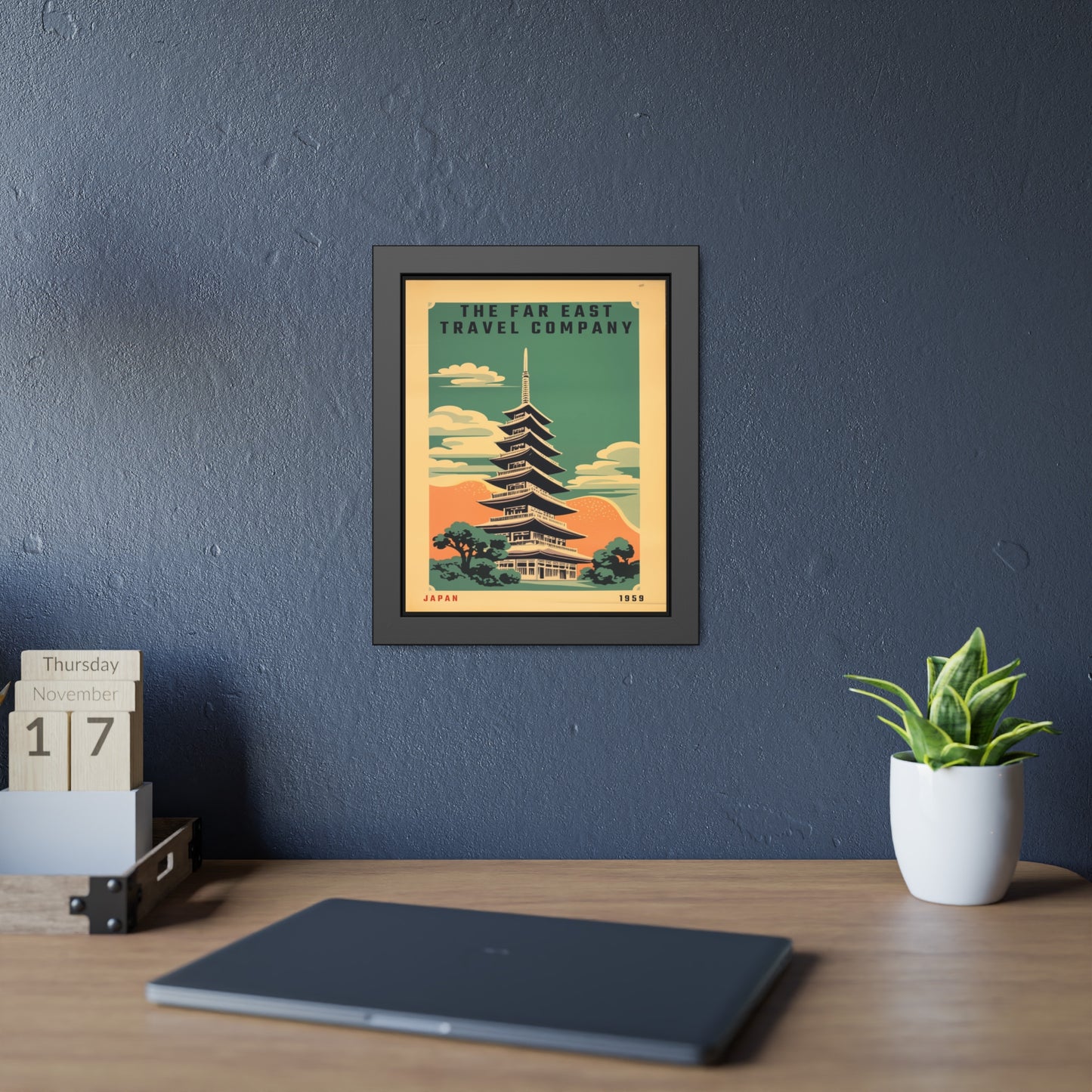 Framed Japan Travel Poster — Vintage Far East Pagoda Wall Art