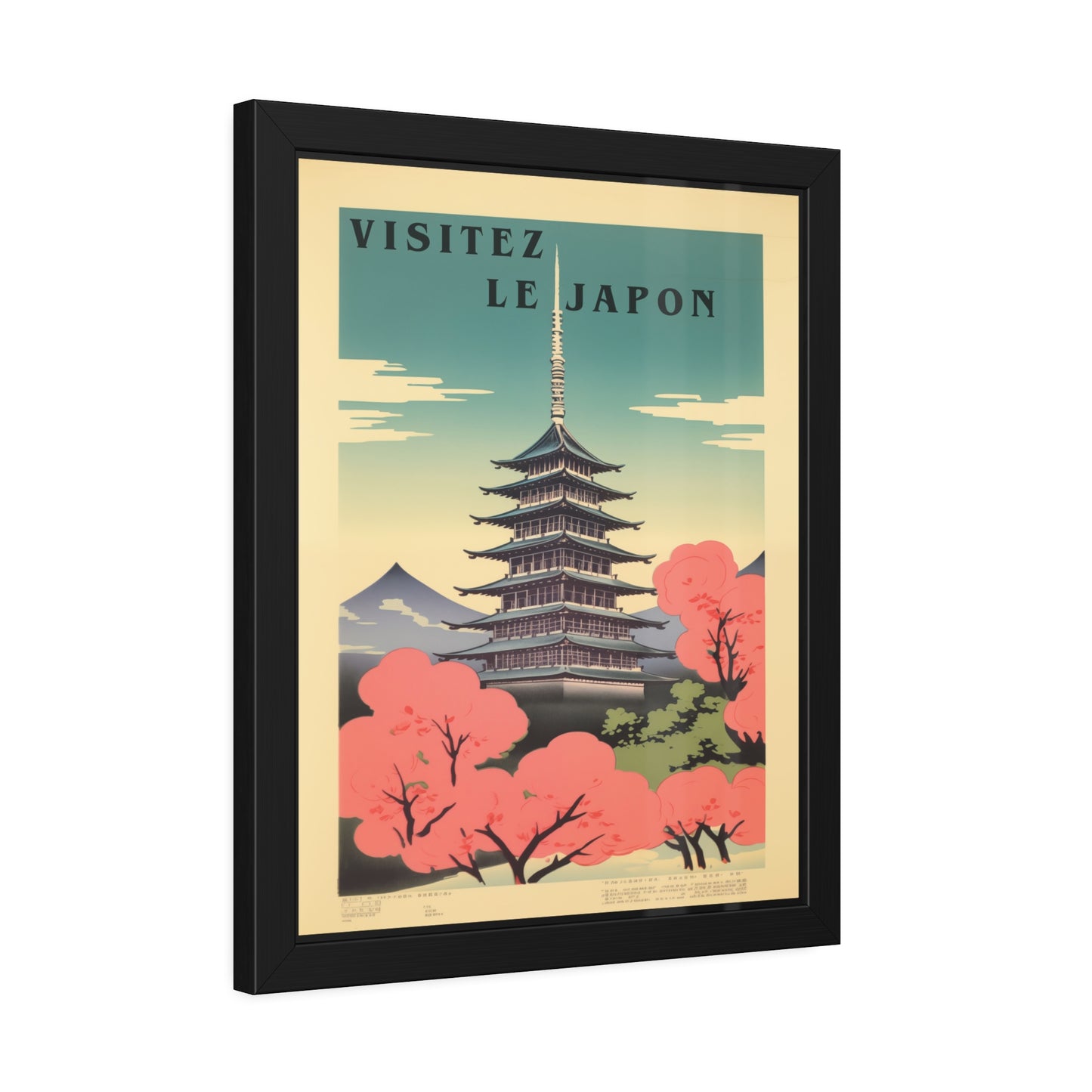 Framed Poster - "Visitez Le Japon" Vintage Travel Art (Cherry Blossom Pagoda)