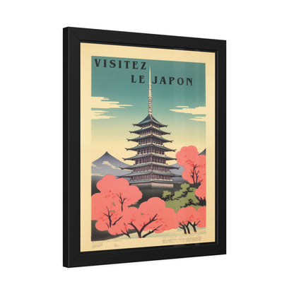 Framed Poster - "Visitez Le Japon" Vintage Travel Art (Cherry Blossom Pagoda)
