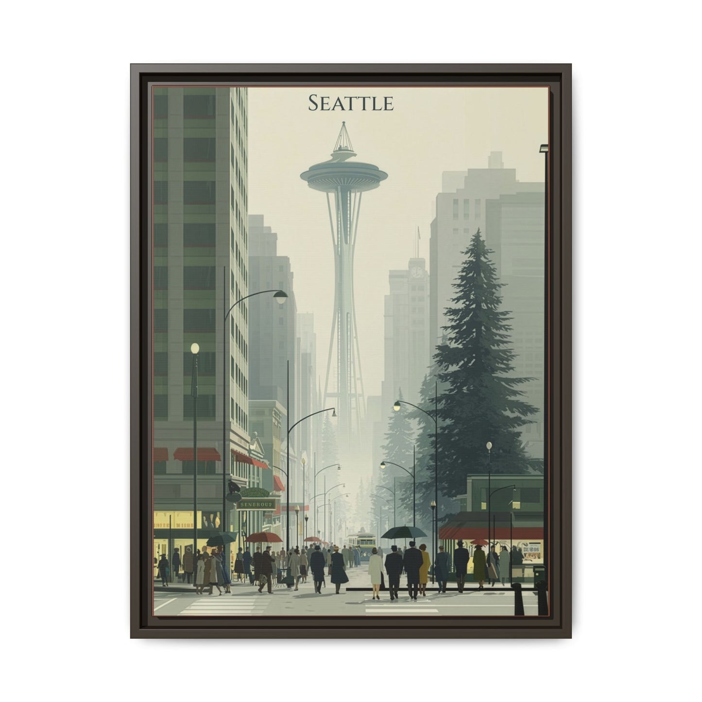 Seattle Space Needle Matte Canvas Print — Framed Vintage Cityscape Wall Art