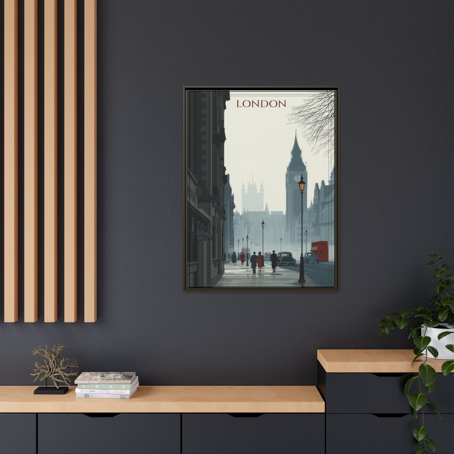 London Street Matte Canvas Print — Framed Vintage Cityscape Wall Art