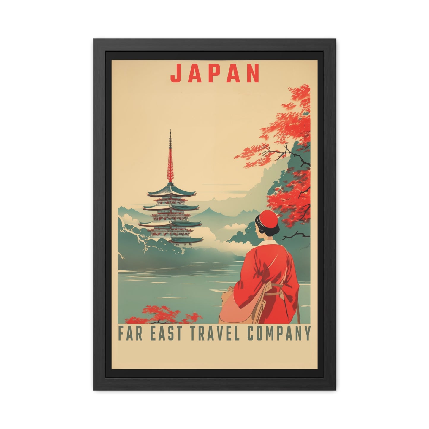 Vintage Japan Travel Poster - Far East Travel Company Pagoda Scene Framed Posters