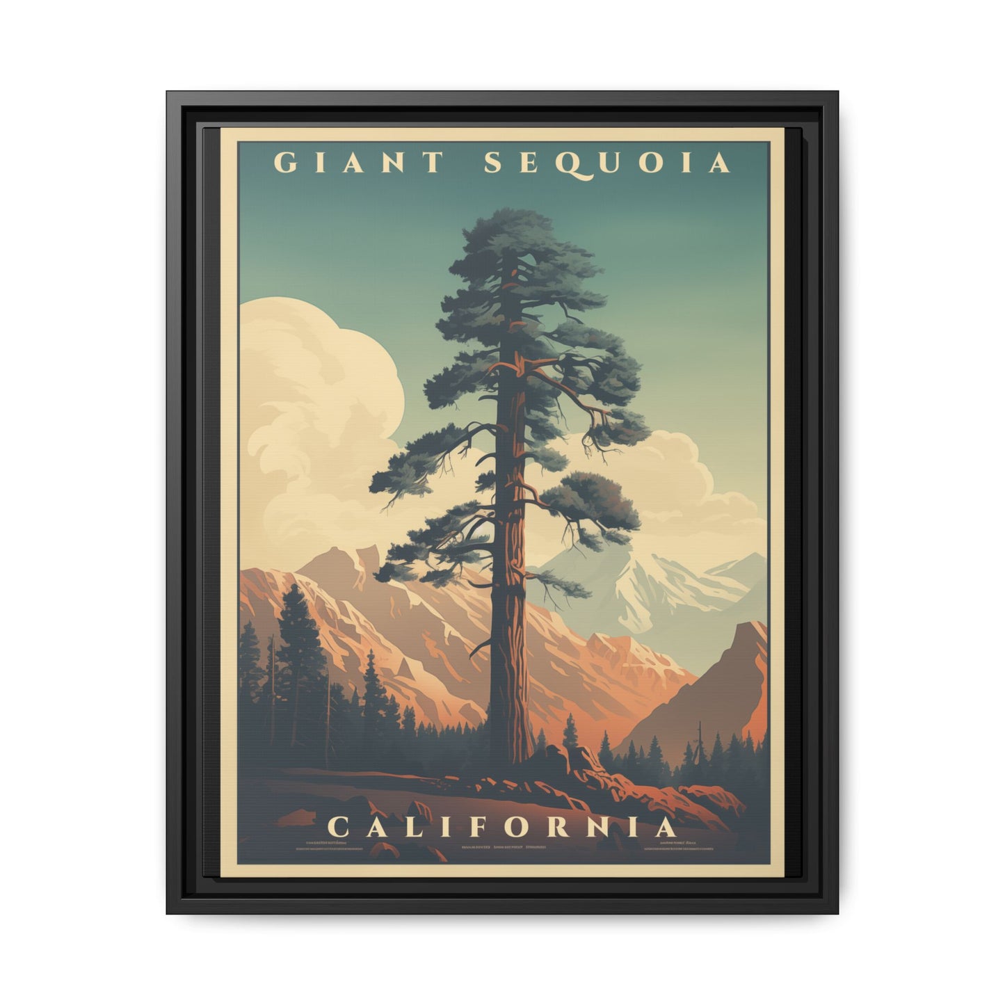 "Vintage Giant Sequoia Poster - California Matte Canvas Wall Art with Black Frame" Matte Canvas, Black Frame