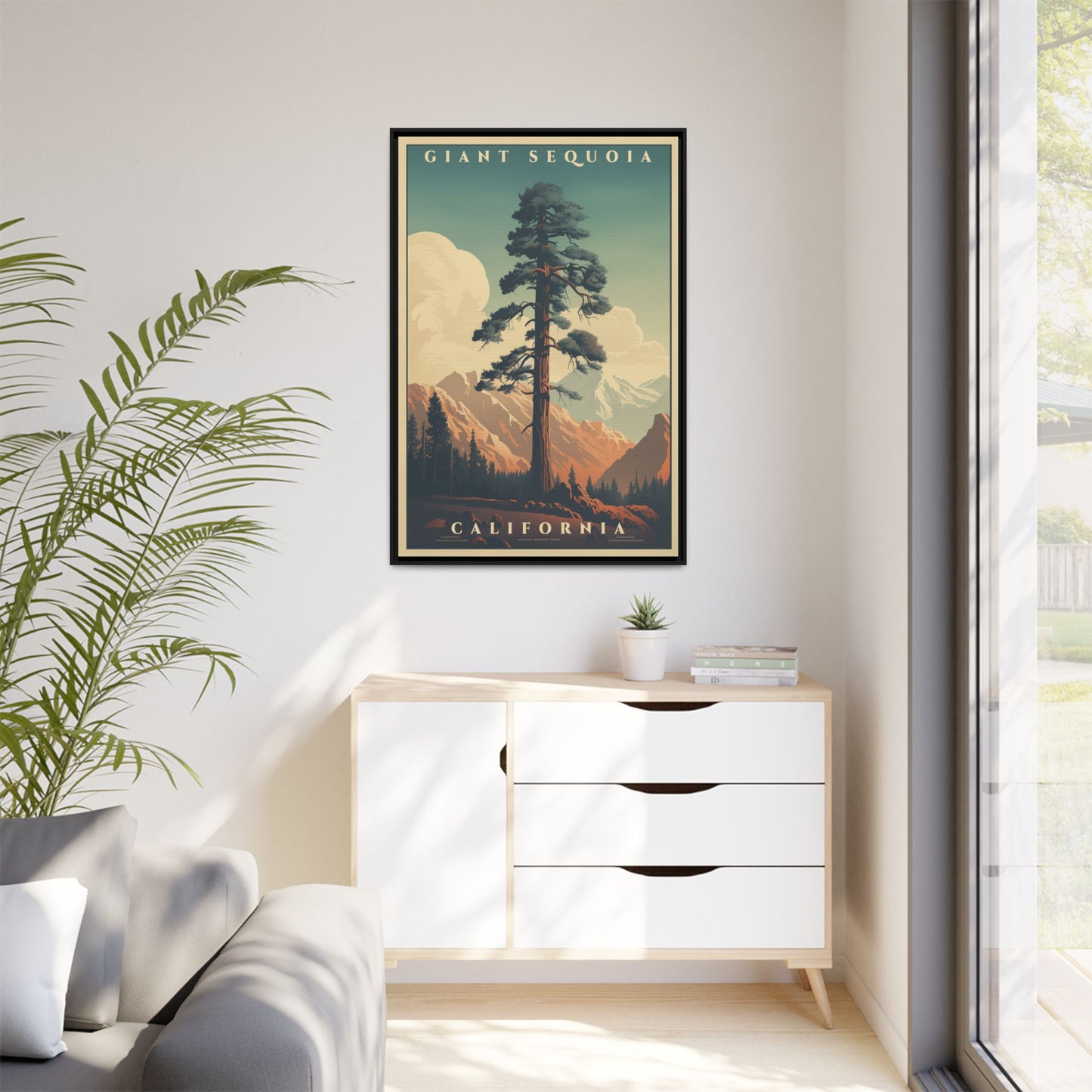 "Vintage Giant Sequoia Poster - California Matte Canvas Wall Art with Black Frame" Matte Canvas, Black Frame