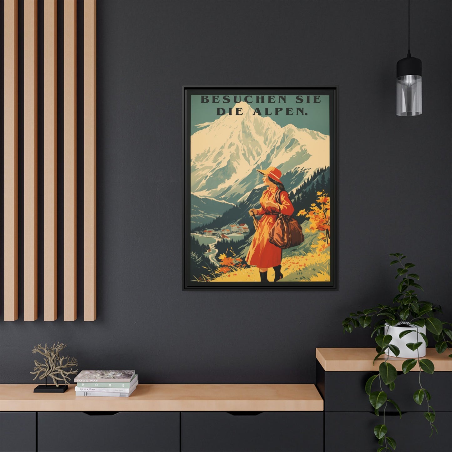 "Besuchen Sie die Alpen" translates to "Visit the Alps,"  - Vintage German Travel Poster | Matte Canvas with Black Frame"