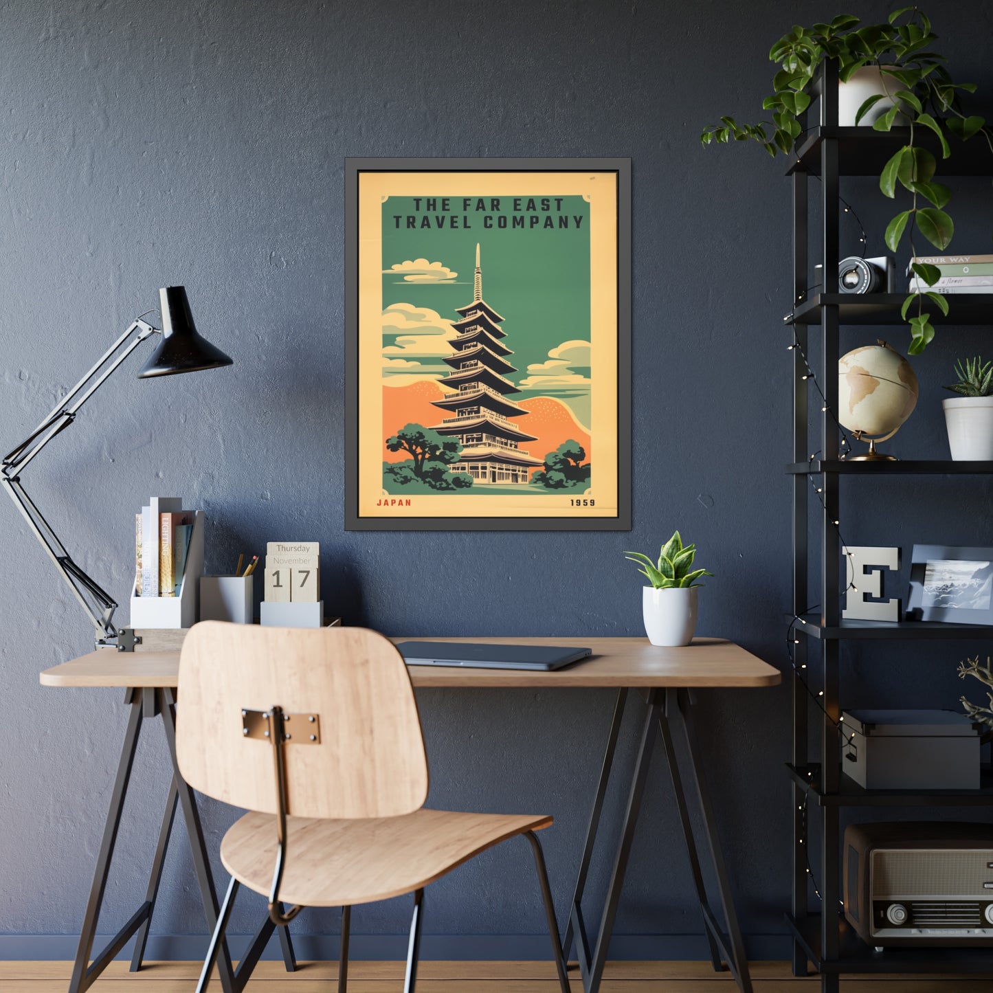 Framed Japan Travel Poster — Vintage Far East Pagoda Wall Art