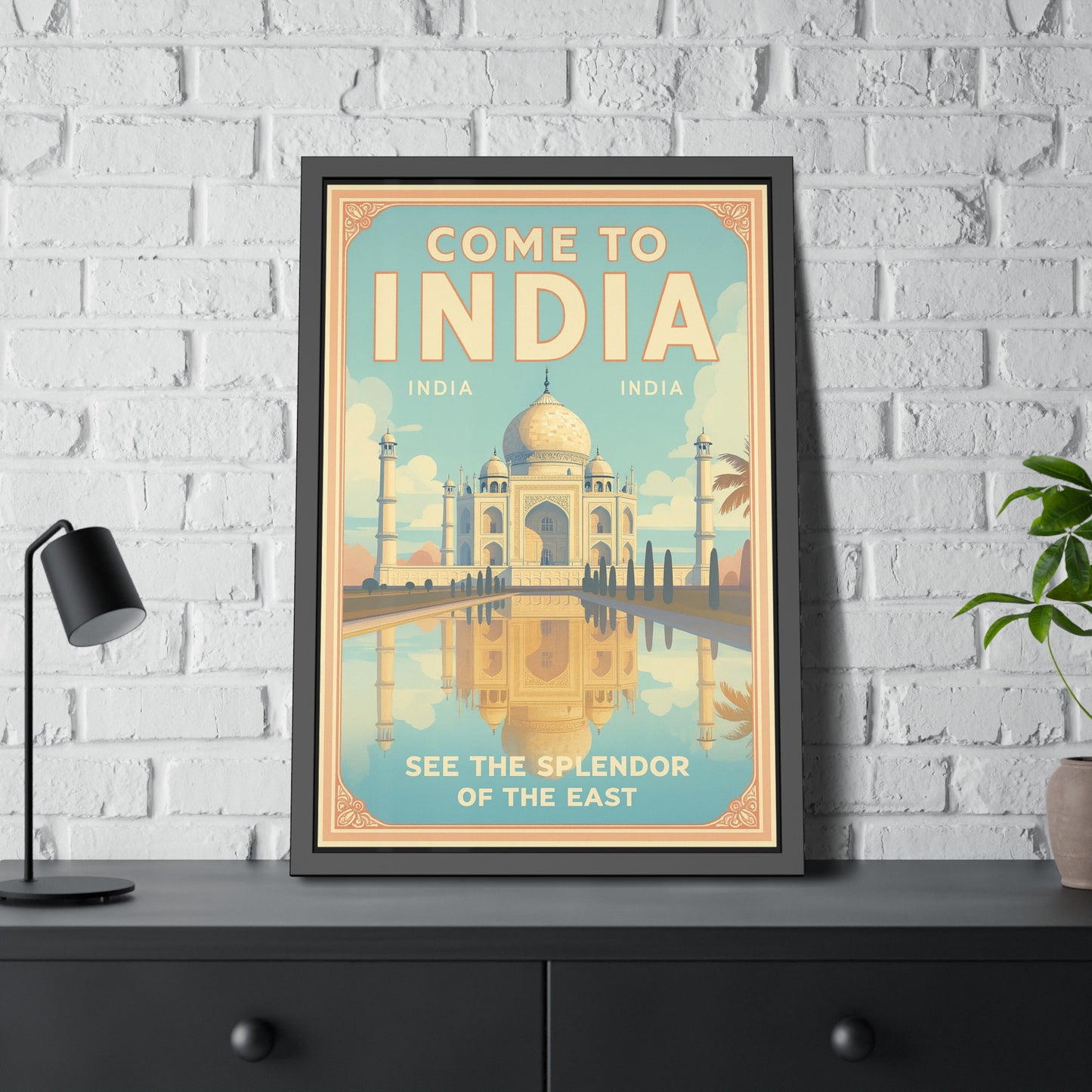 Come to India Framed Poster – Vintage Taj Mahal Travel Art Print