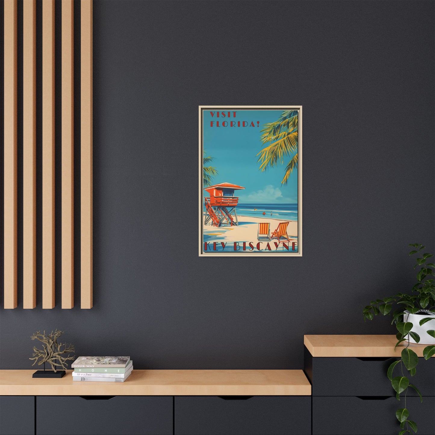 Key Biscayne Vintage Travel Poster Matte Canvas Print — Framed “Visit Florida!” Beach Wall Art
