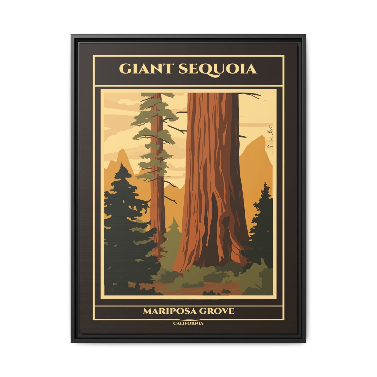 "Vintage Giant Sequoia Poster - Mariposa Grove, California Matte Canvas Wall Art with Black Frame" Matte Canvas, Black Frame