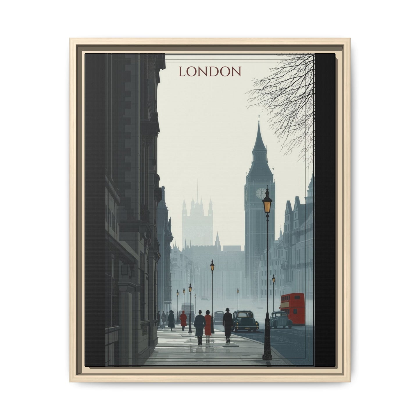 London Street Matte Canvas Print — Framed Vintage Cityscape Wall Art