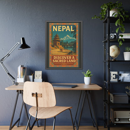 Framed Nepal Travel Poster — "Discover a Sacred Land" Vintage Wall Art
