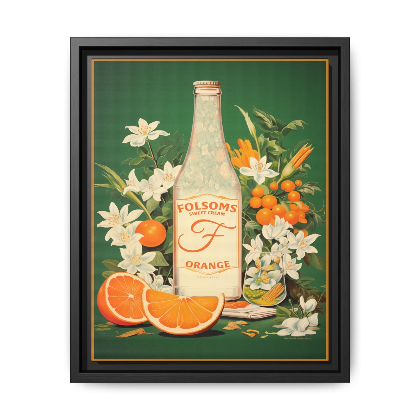 "Folsoms Sweet Cream Orange.  – Vintage Citrus and Floral Artwork" Matte Canvas, Black Frame