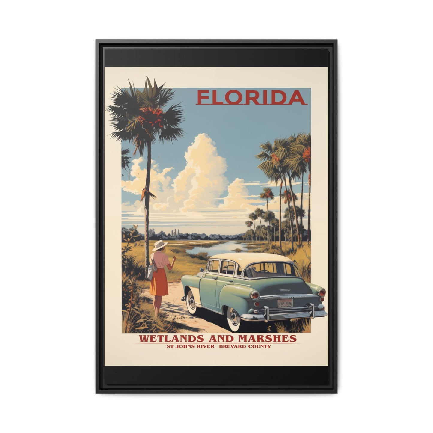 "Vintage Florida Wetlands and Marshes Poster - St. Johns River Brevard County Matte Canvas Wall Art with Black Frame" Matte Canvas, Black Frame