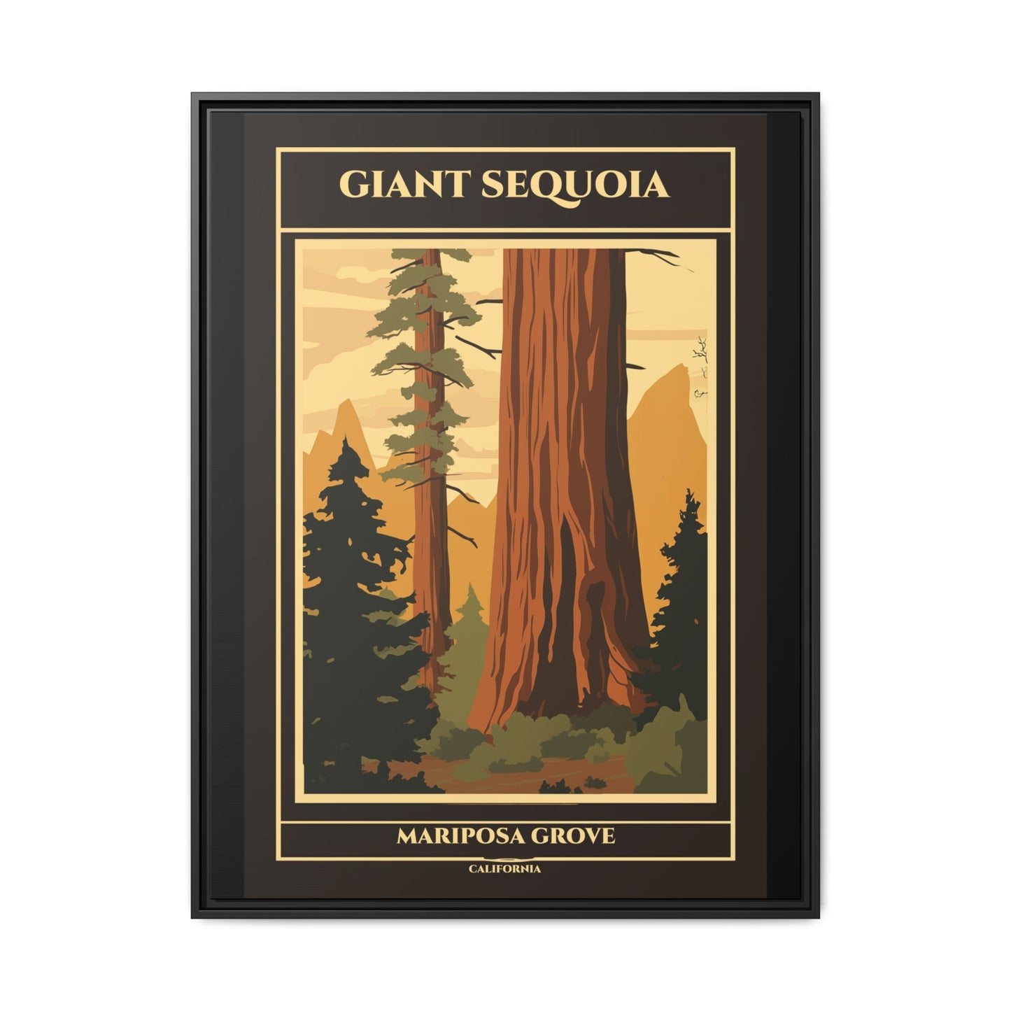 "Vintage Giant Sequoia Poster - Mariposa Grove, California Matte Canvas Wall Art with Black Frame" Matte Canvas, Black Frame