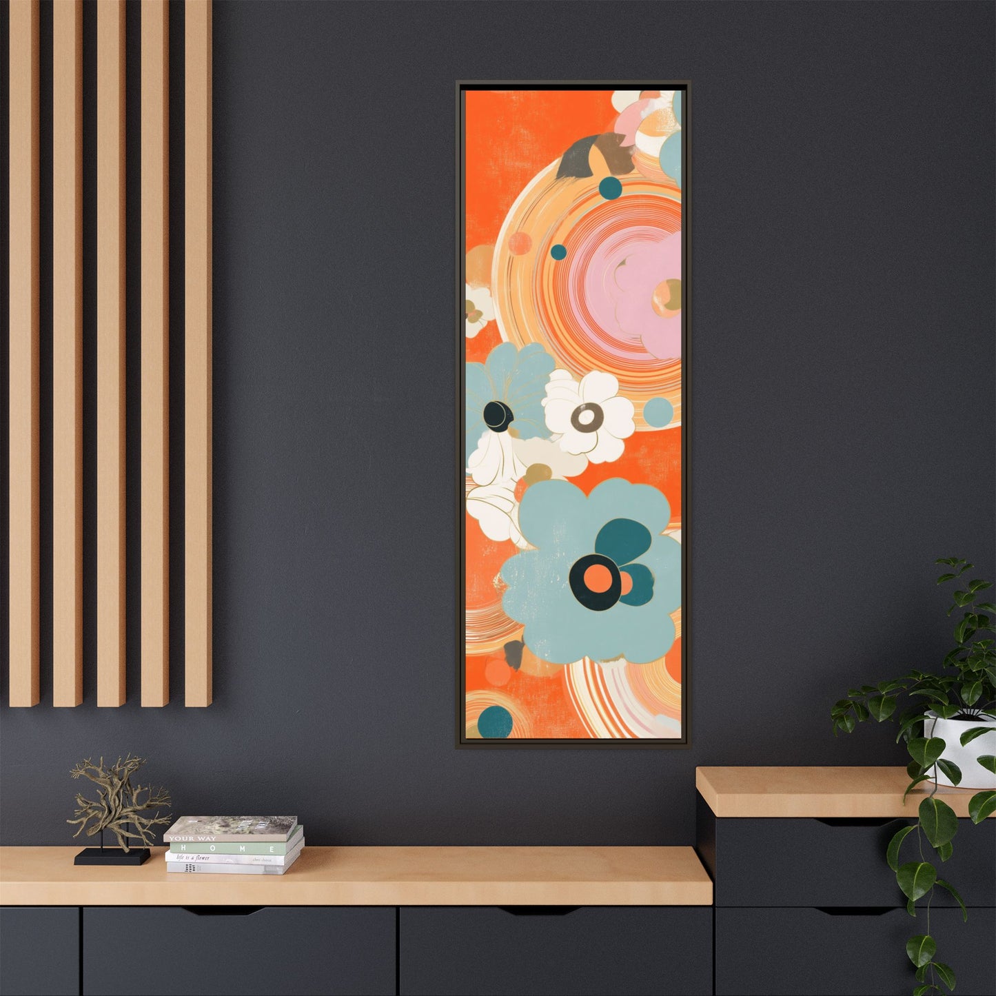 Mid-Century Modern Floral Abstract Canvas Set of 3 — 20×60  (Black, Espresso & White Frames)