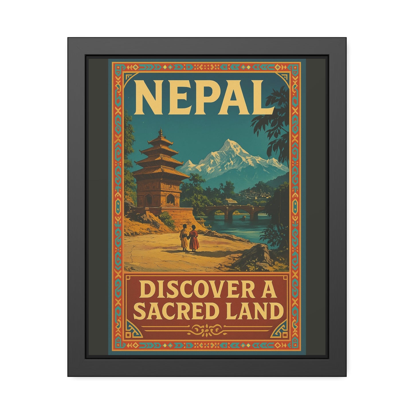 Framed Nepal Travel Poster — "Discover a Sacred Land" Vintage Wall Art
