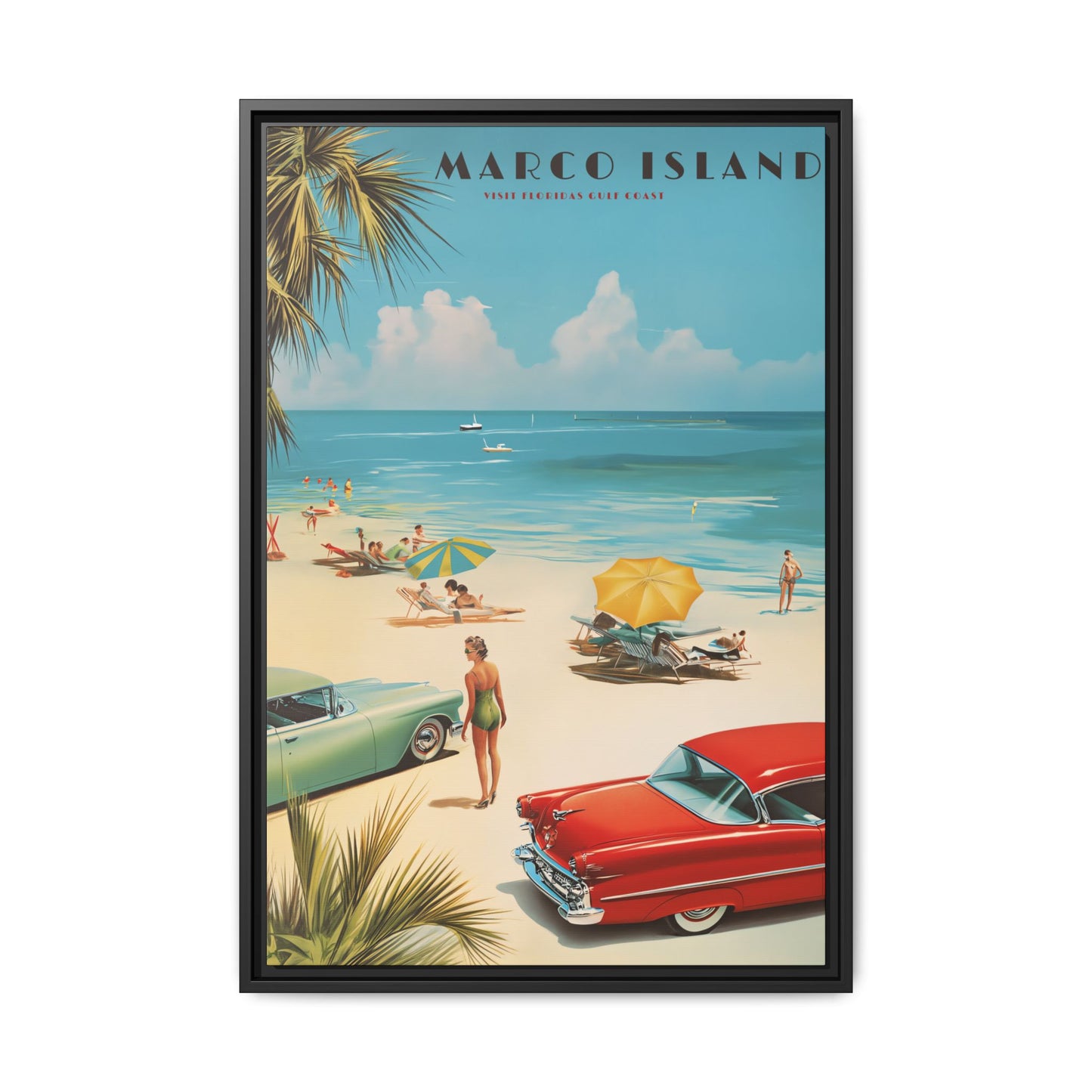 "Marco Island Retro Beach Scene – Vintage Wall Art of Florida’s Gulf Coast" Matte Canvas, Black Frame