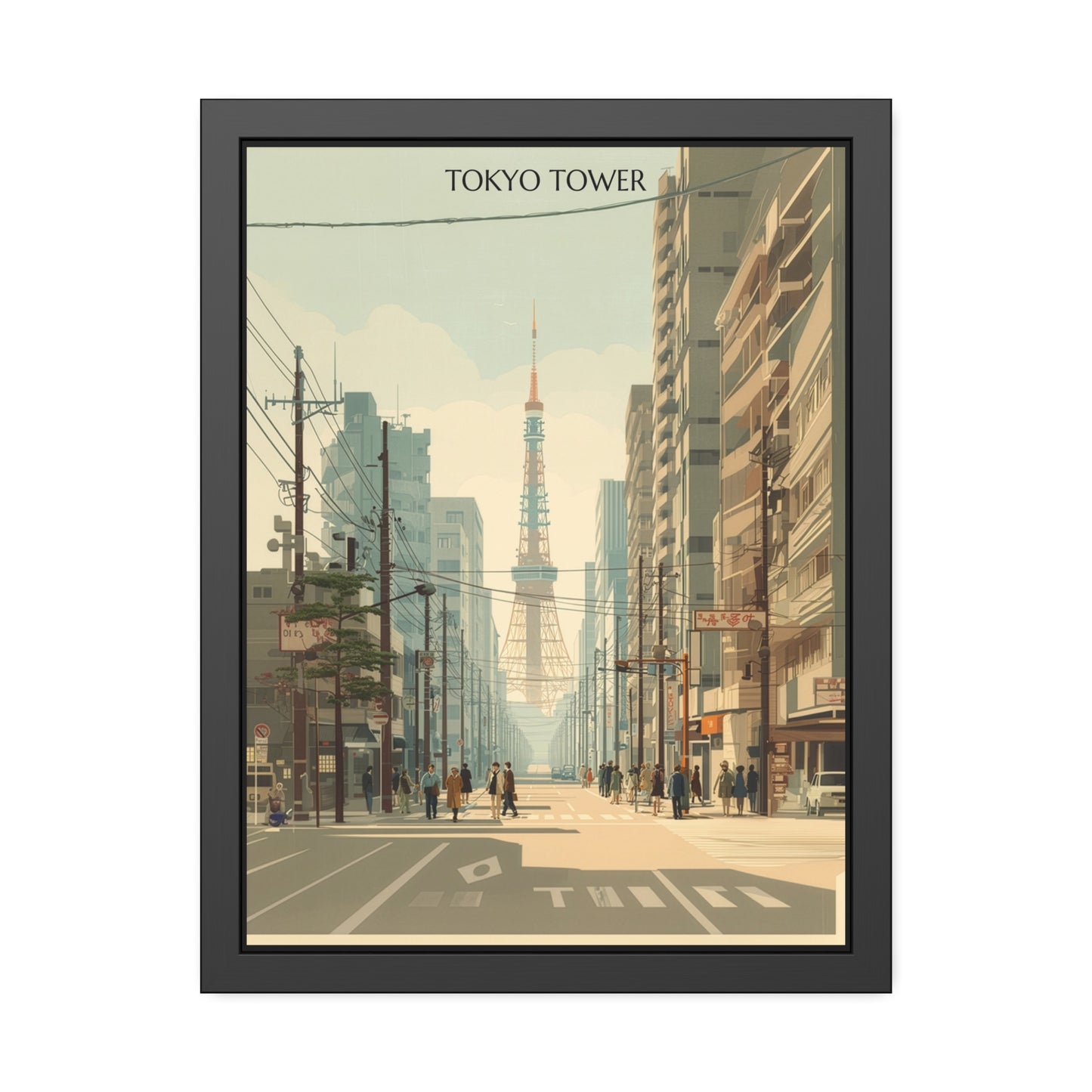 Tokyo Tower vintage cityscape art in a framed paper poster, quiet street scene toward Tokyo Tower