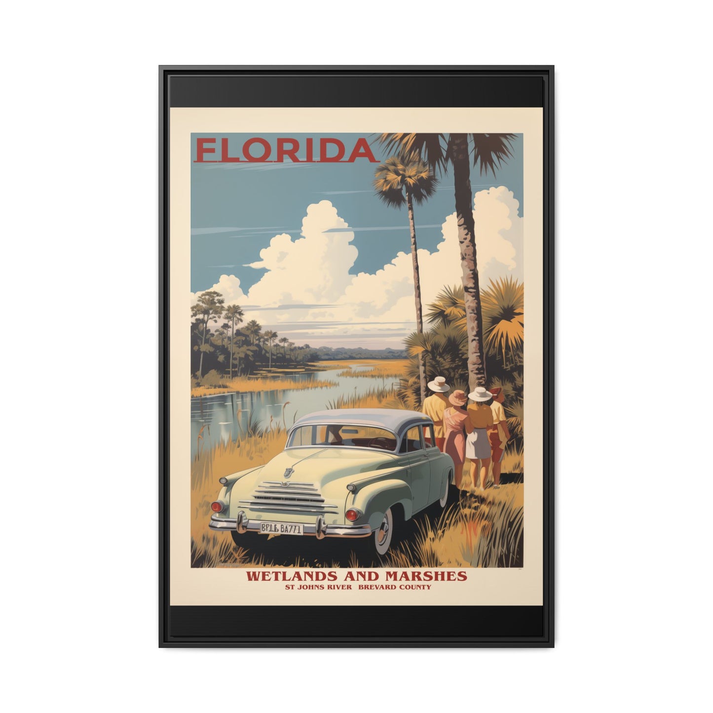 "Vintage Florida Poster - Wetlands and Marshes St. Johns River Matte Canvas Wall Art with Black Frame" Matte Canvas, Black Frame
