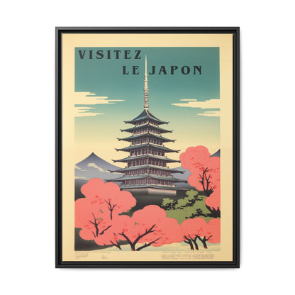 "Vintage Japanese Pagoda Travel Poster - 'Visitez Le Japon' Matte Canvas Wall Art with Black Frame" Matte Canvas, Black Frame