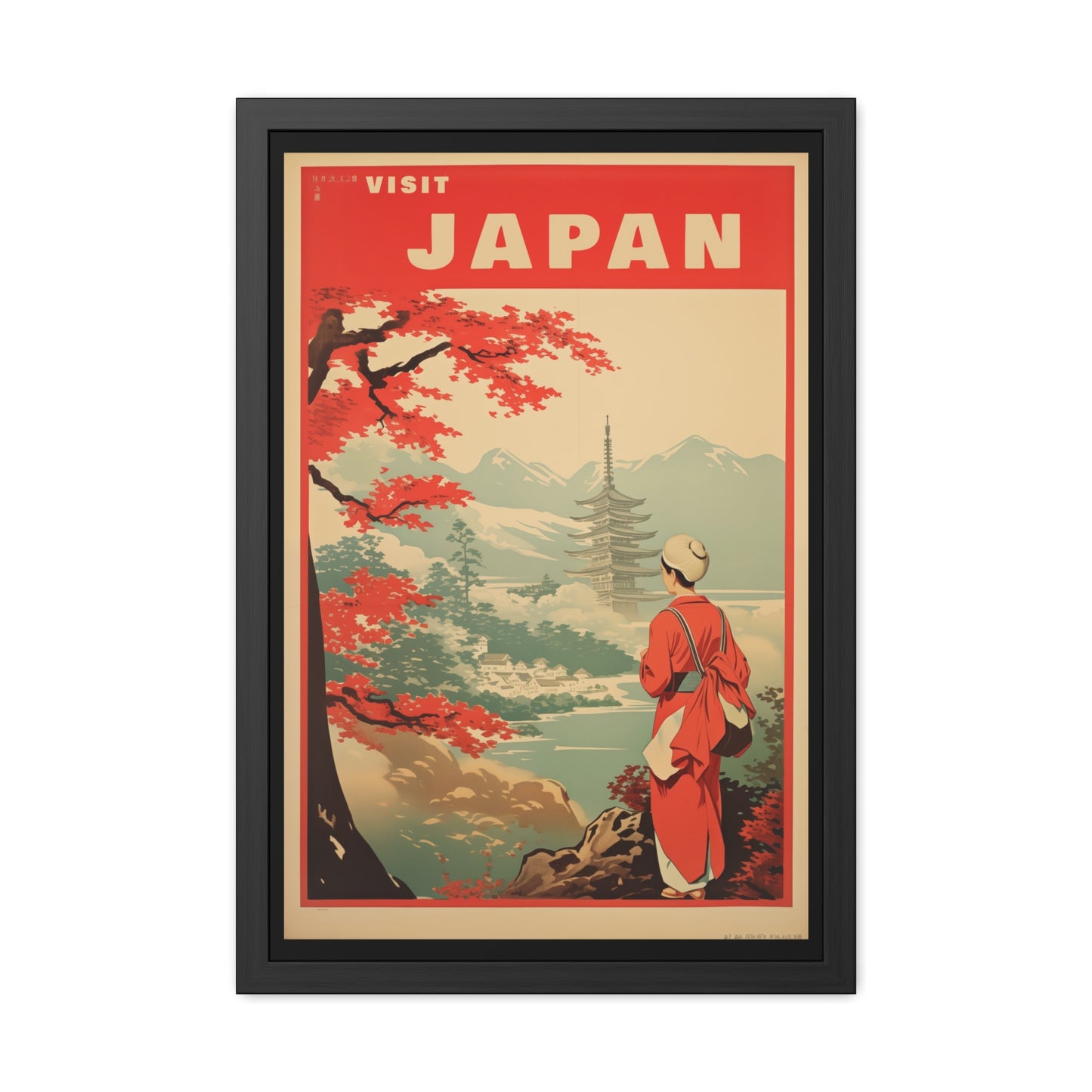 Vintage Japan Travel Poster - 'Visit Japan' Scenic Pagoda View Framed Posters