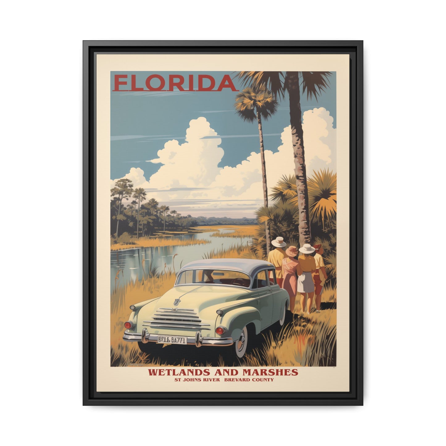 "Vintage Florida Poster - Wetlands and Marshes St. Johns River Matte Canvas Wall Art with Black Frame" Matte Canvas, Black Frame