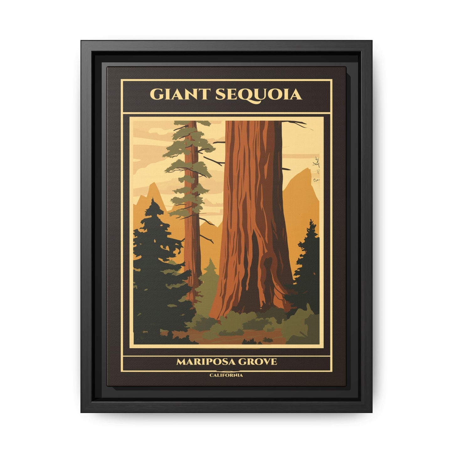 "Vintage Giant Sequoia Poster - Mariposa Grove, California Matte Canvas Wall Art with Black Frame" Matte Canvas, Black Frame