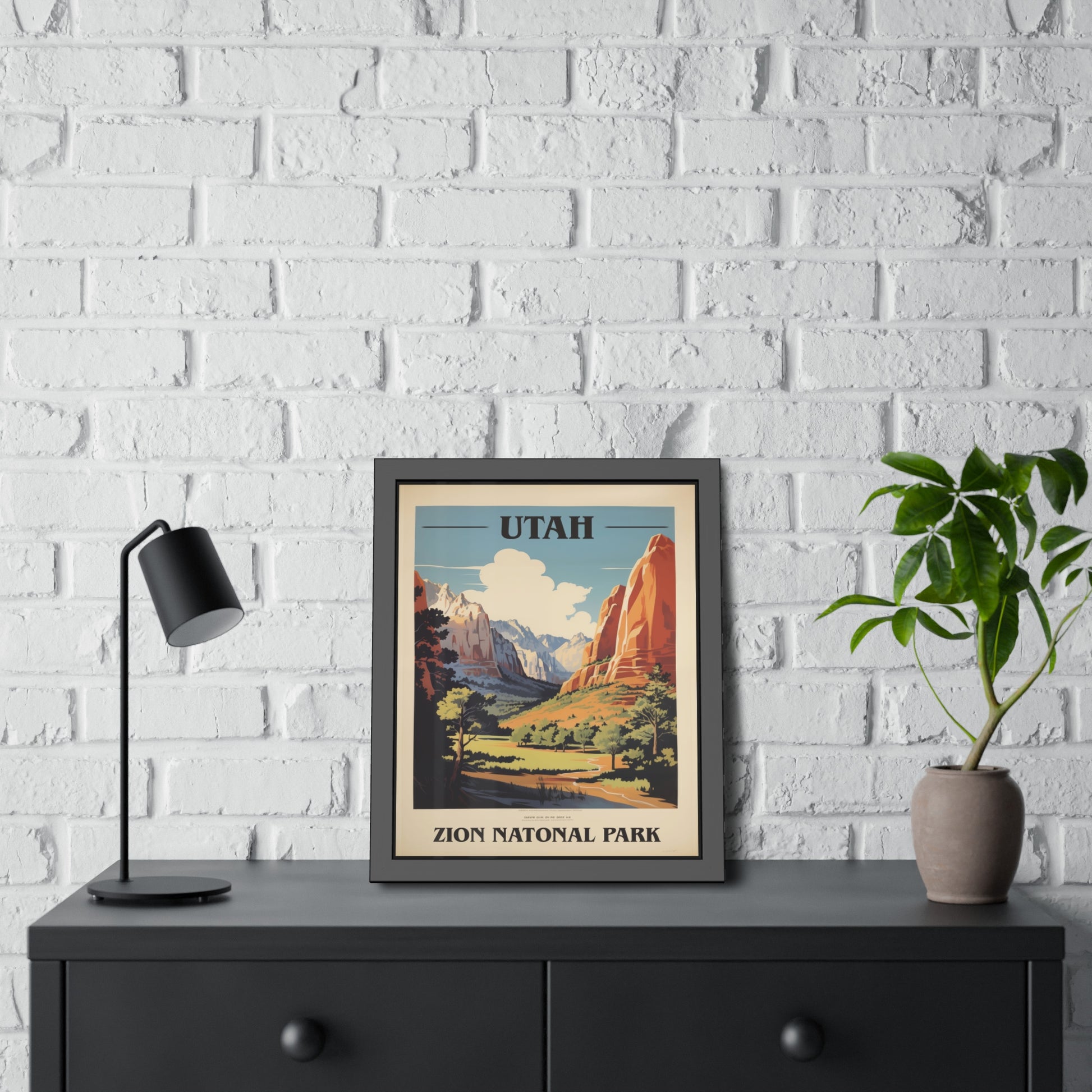 Angled view of vintage Utah Zion National Park travel framed art print, black frame, additional angle