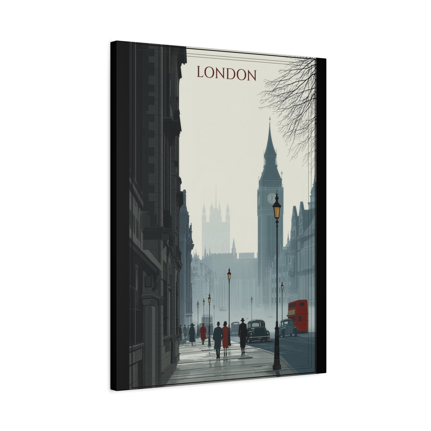 London Street Scene Matte Canvas Wall Art – Vintage Big Ben Cityscape Print