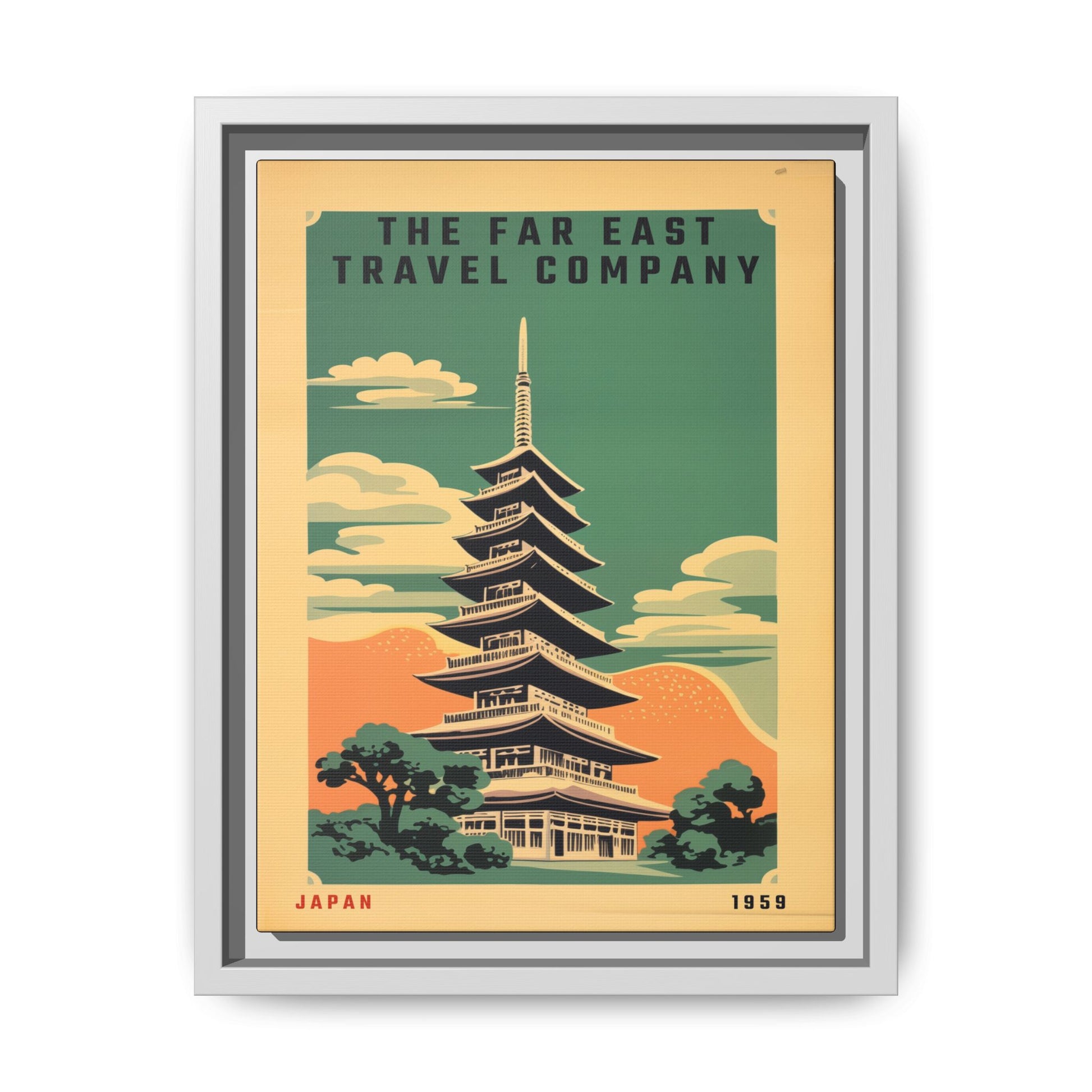 Vintage Far East Travel Company artwork, 9 × 12, white framed canvas, front view