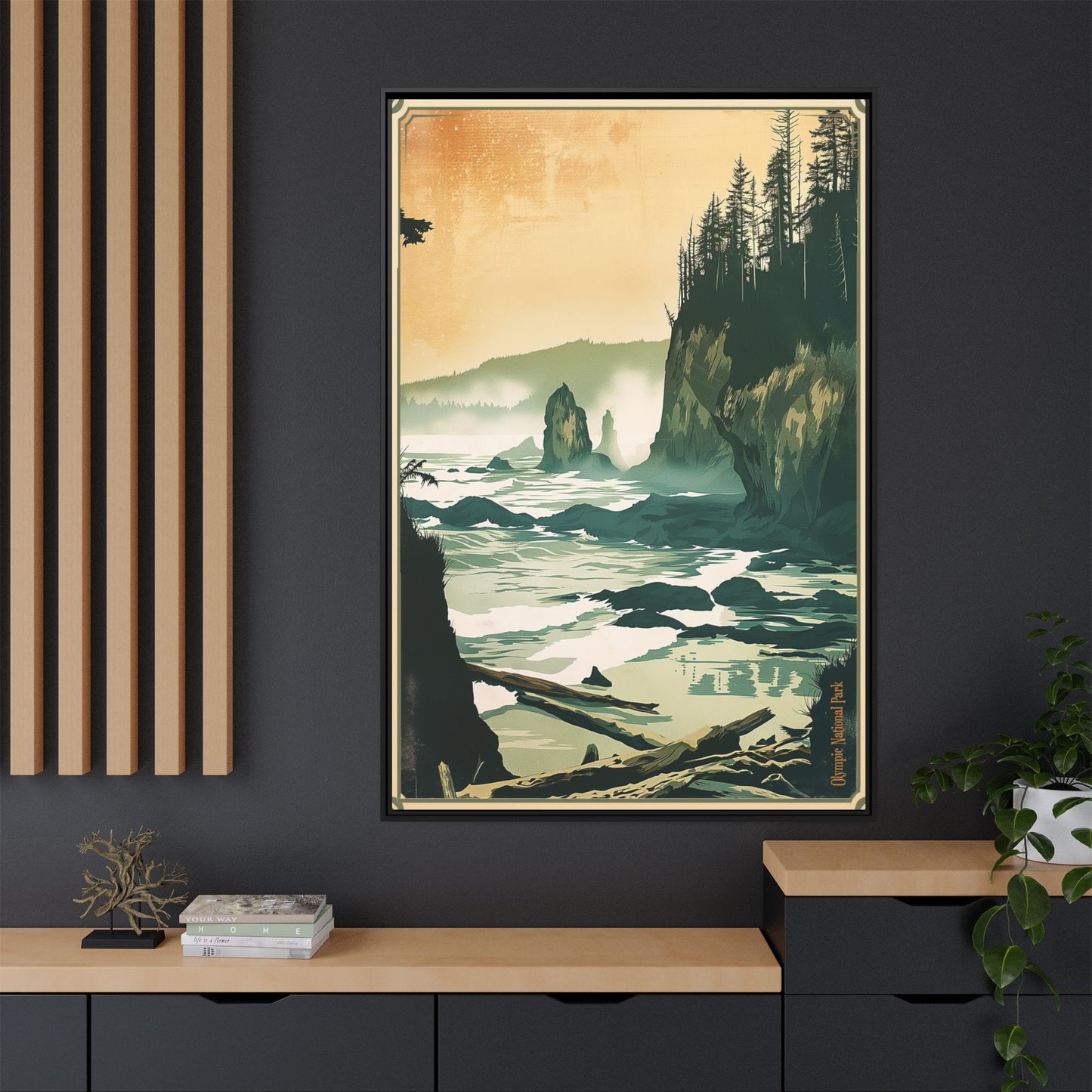 Framed Coastal Cliff Canvas Print — Vintage Seascape Wall Art