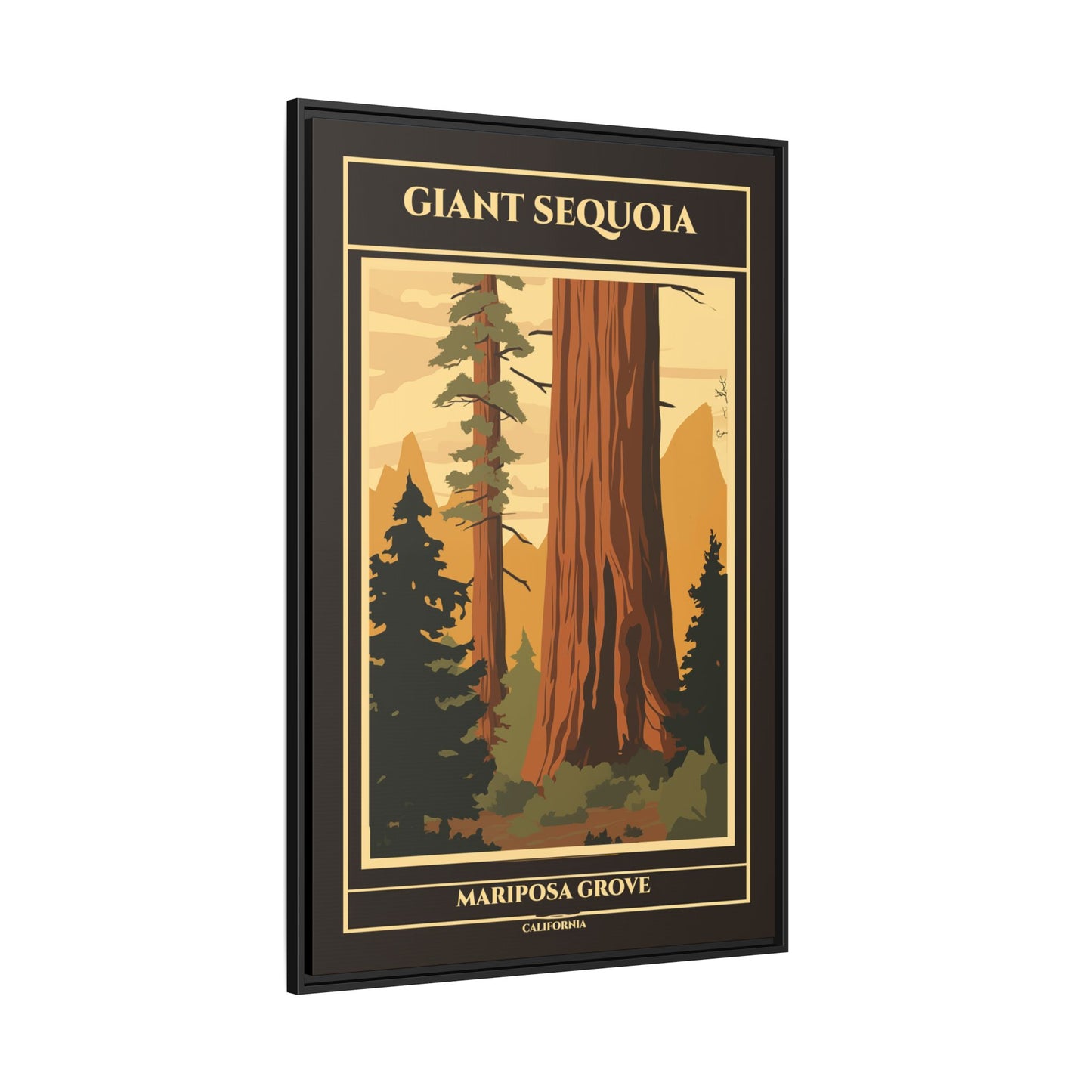 "Vintage Giant Sequoia Poster - Mariposa Grove, California Matte Canvas Wall Art with Black Frame" Matte Canvas, Black Frame