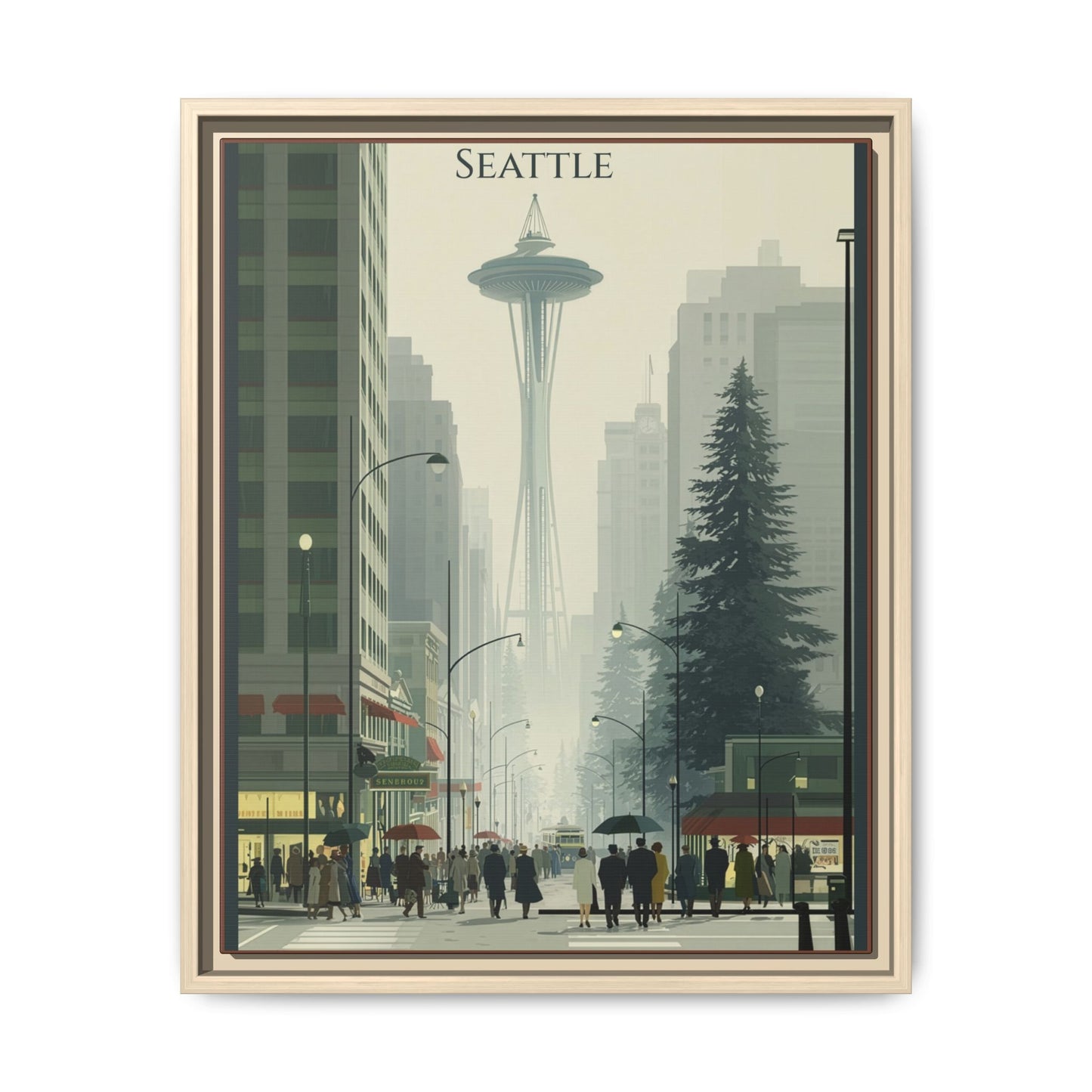 Seattle Space Needle Matte Canvas Print — Framed Vintage Cityscape Wall Art