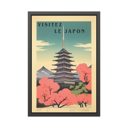 Framed Poster - "Visitez Le Japon" Vintage Travel Art (Cherry Blossom Pagoda)