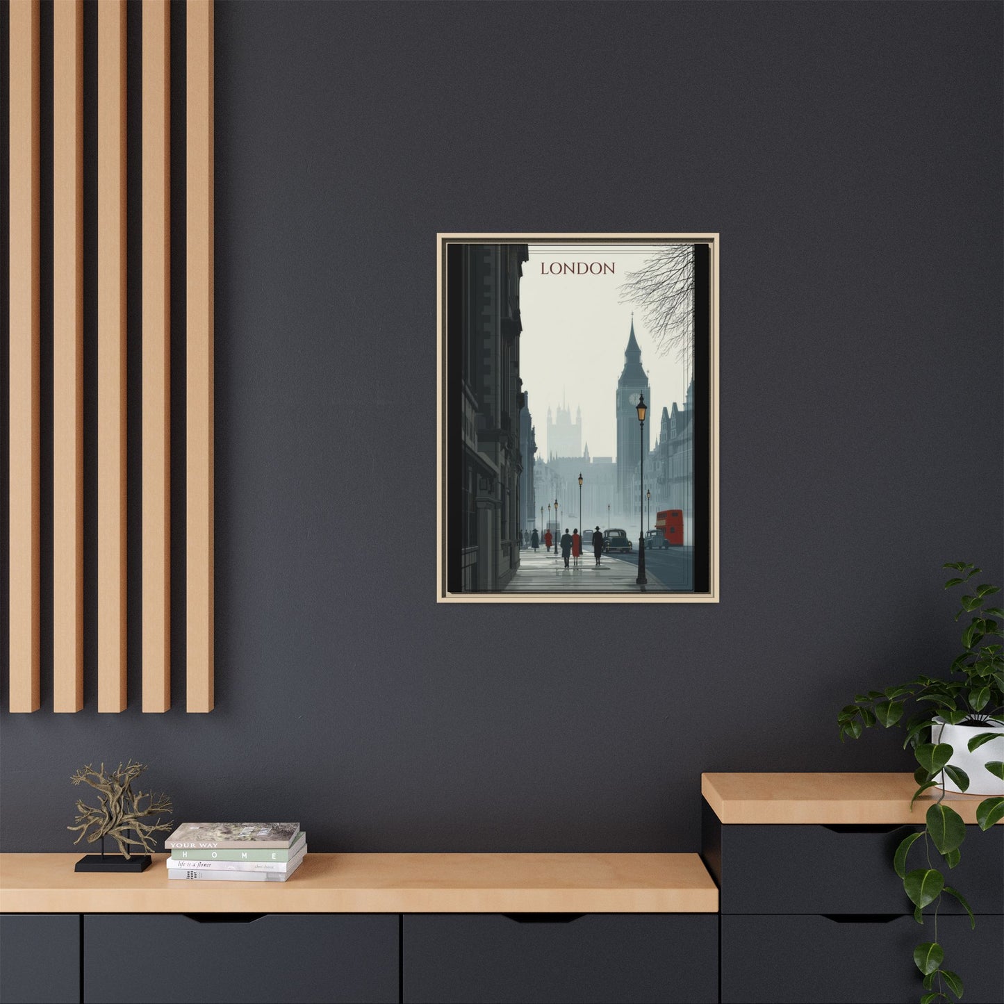 London Street Matte Canvas Print — Framed Vintage Cityscape Wall Art