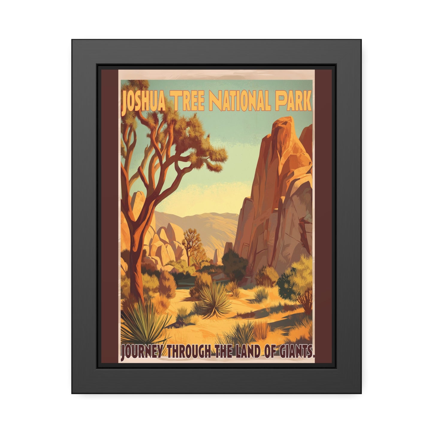 Joshua Tree National Park vintage travel artwork, a Joshua tree beside a tall granite rock formation, framed paper poster