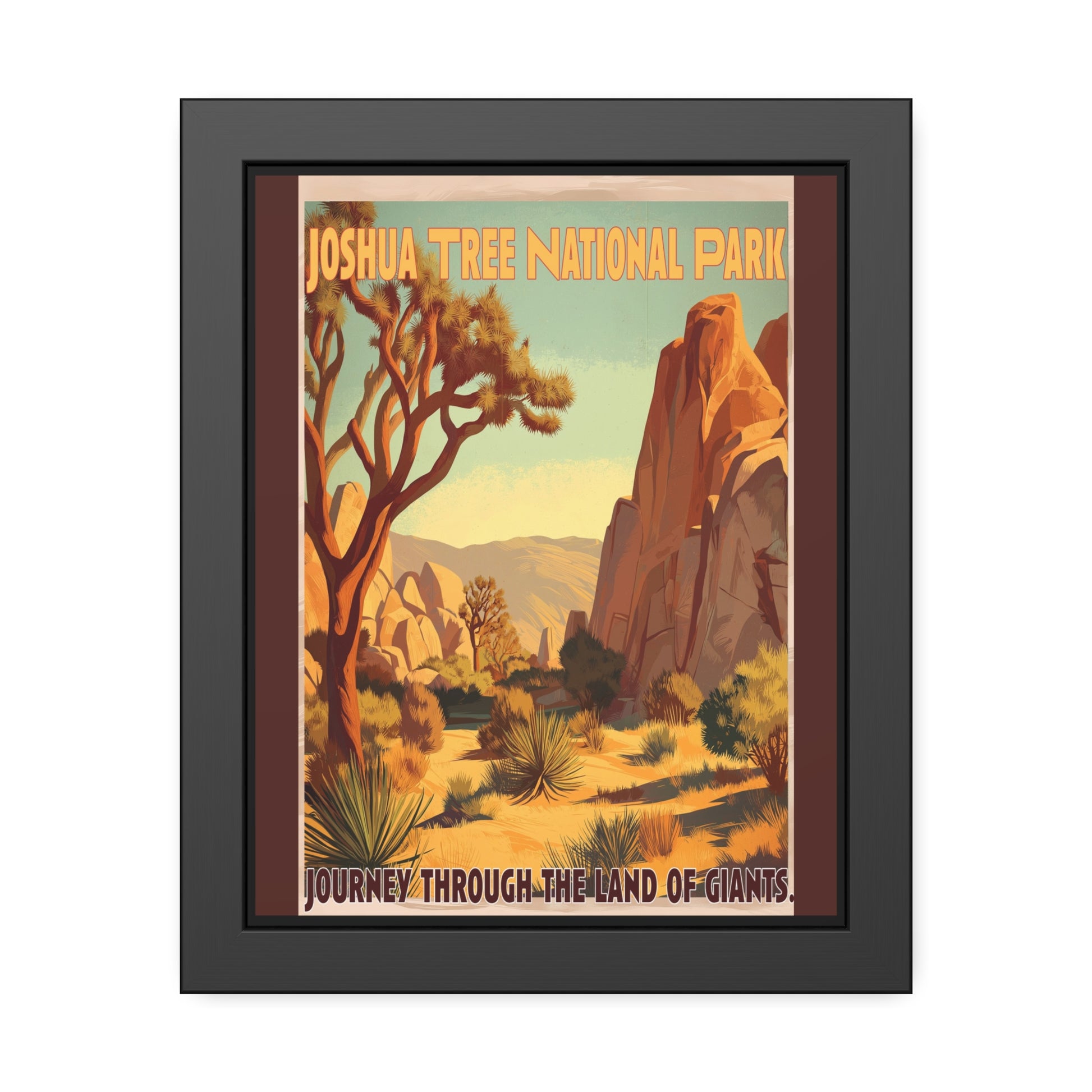 Joshua Tree National Park vintage travel artwork, a Joshua tree beside a tall granite rock formation, framed paper poster