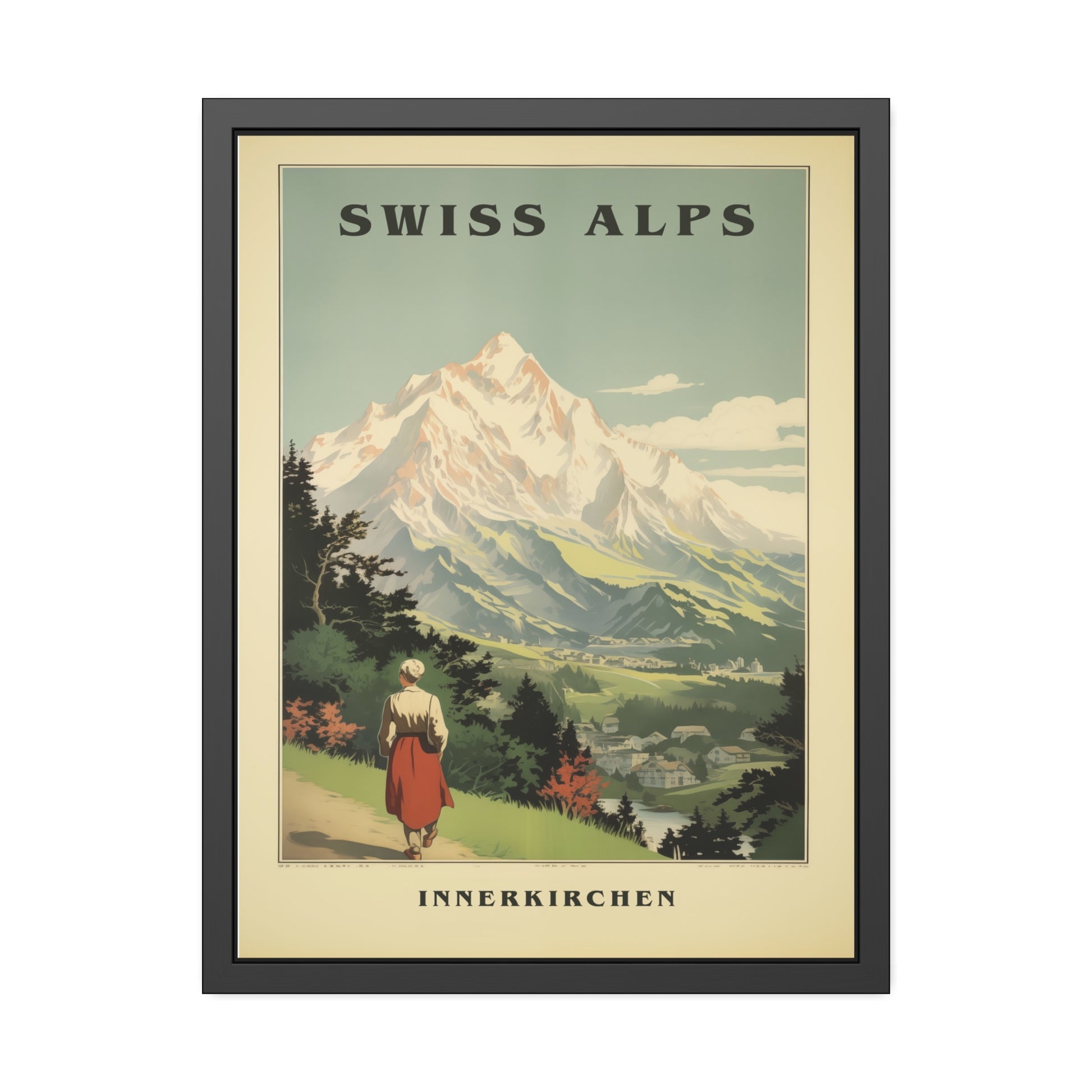 Vintage Swiss Alps Innerkirchen hiker artwork, 24 × 32, black framed fine-art print, front view