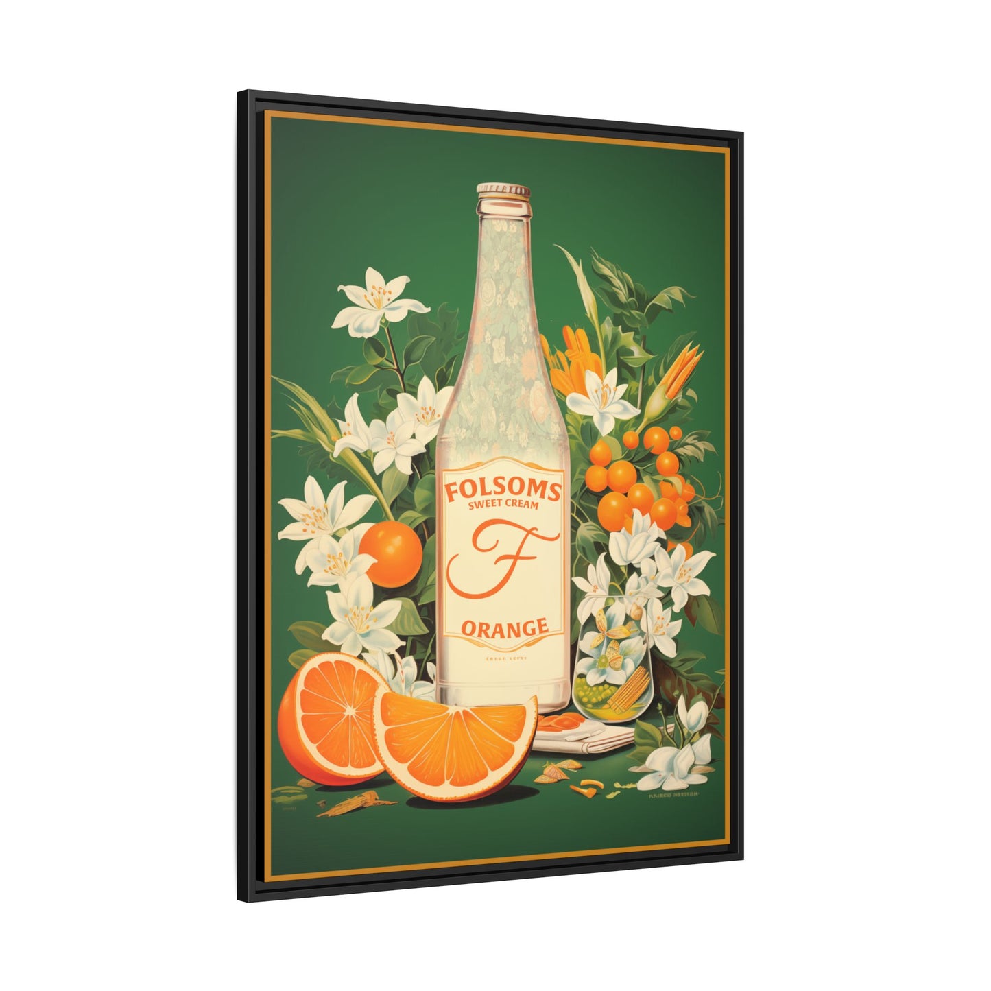 "Folsoms Sweet Cream Orange.  – Vintage Citrus and Floral Artwork" Matte Canvas, Black Frame