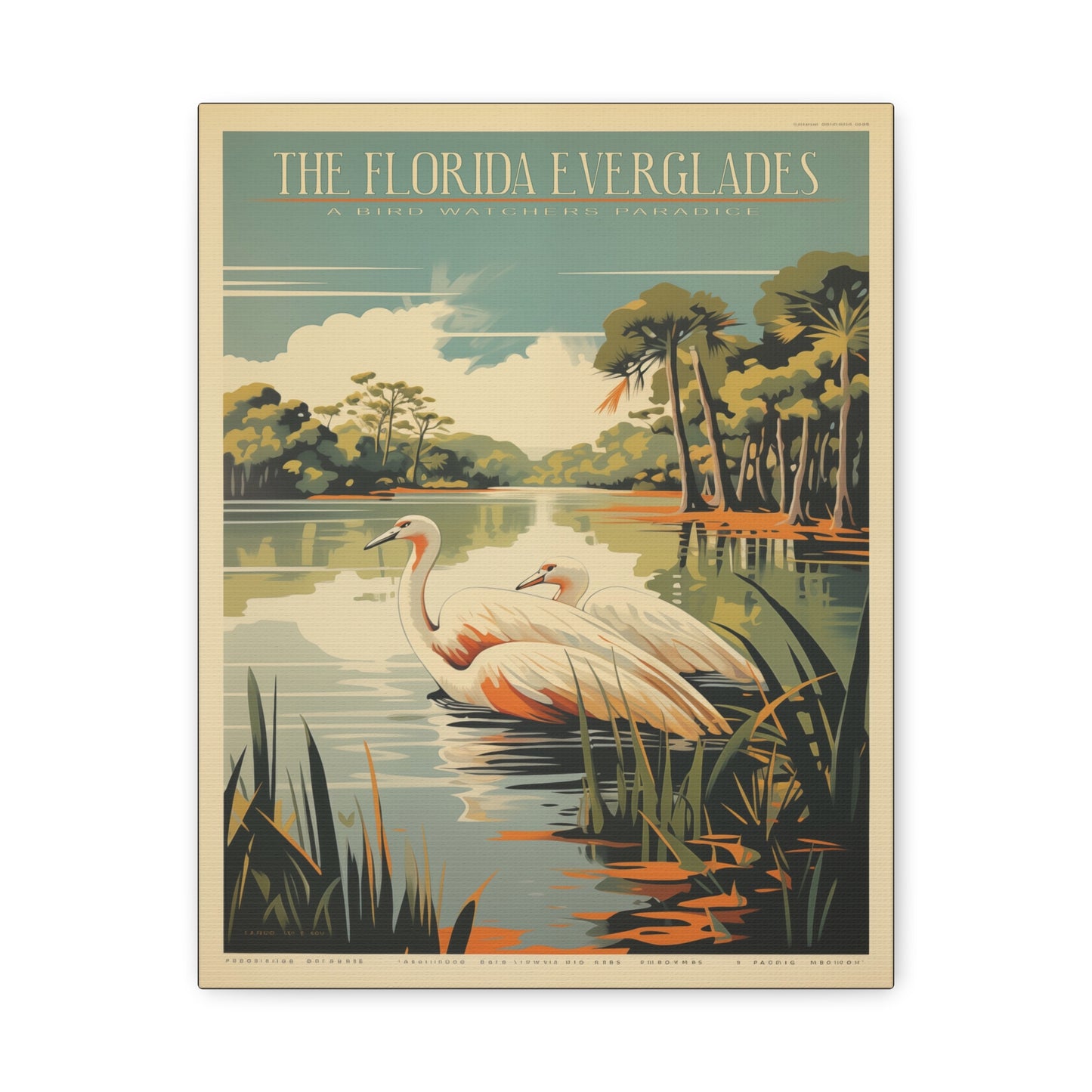 "Vintage Florida Everglades Flamingo Poster - Matte Stretched Canvas Wall Art" Matte Canvas, Stretched, 1.25"