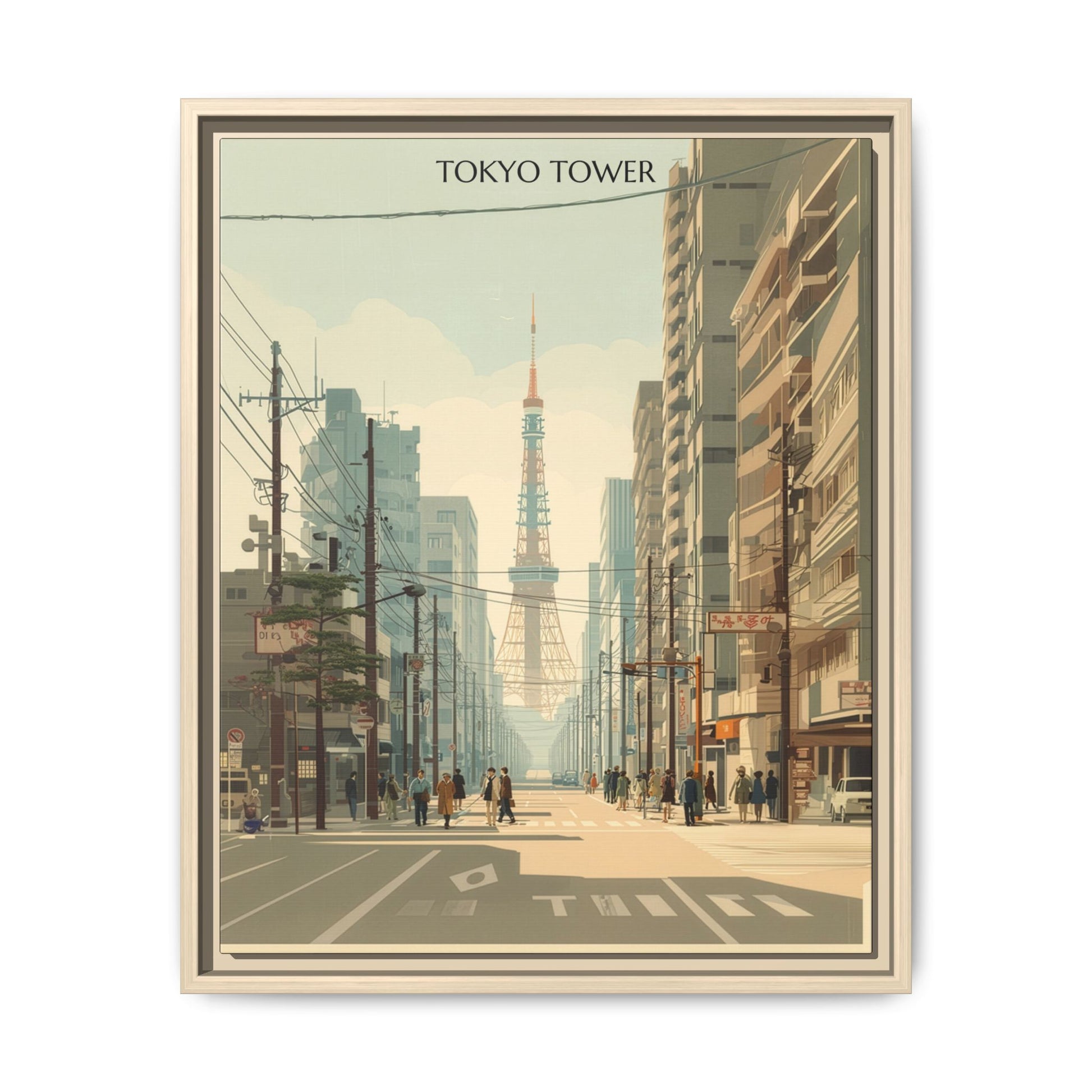 Vintage Tokyo Tower artwork, 16 × 20, natural framed canvas, front view